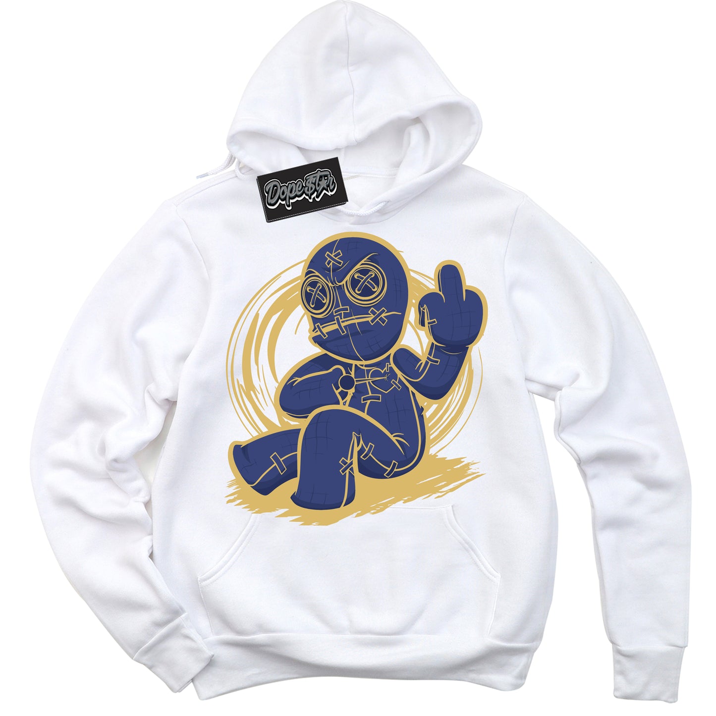 Cool White Hoodie with “Voodoo Doll” design that Perfectly Matches Method of Make Midnight Navy Metallic Gold 1s Jordans.
