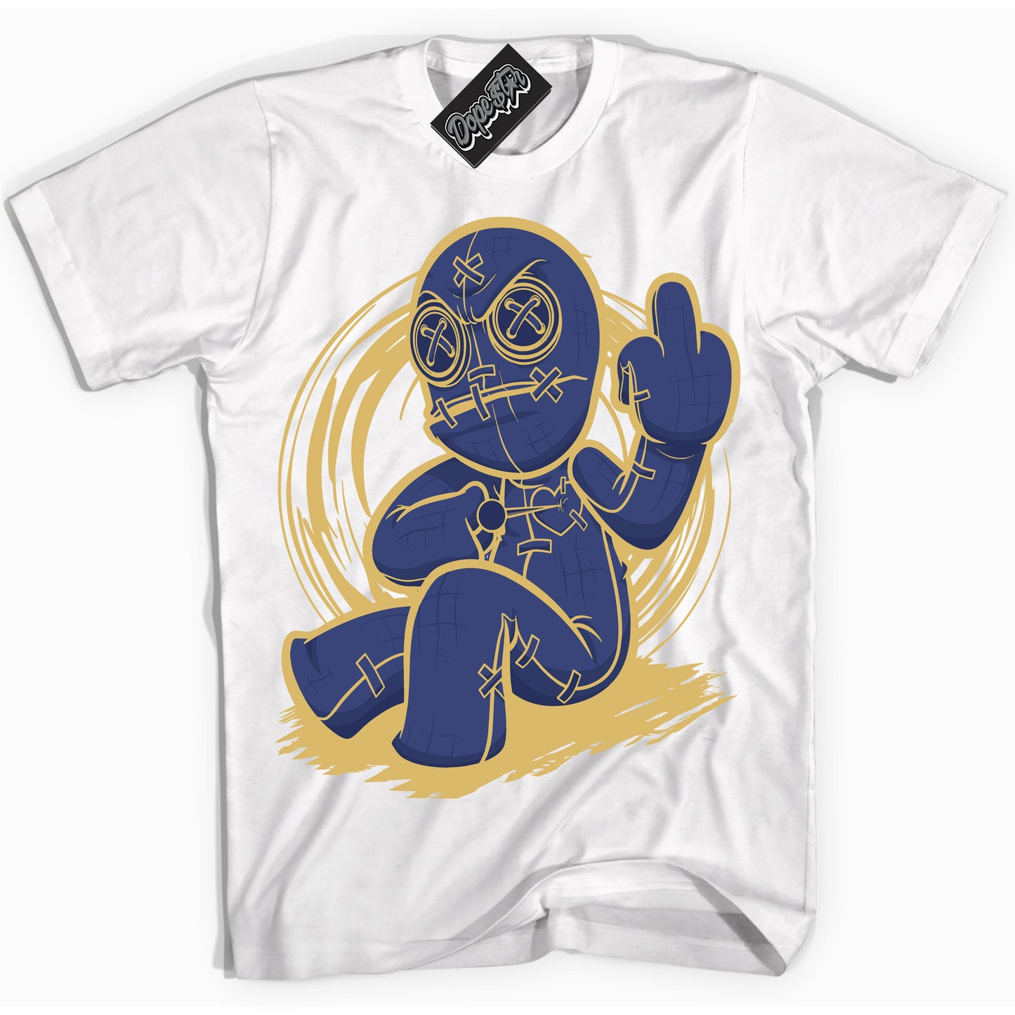 Cool White Shirt with “Voodoo Doll” design that perfectly matches the Method of Make Midnight Navy Metallic Gold 1s Jordans.
