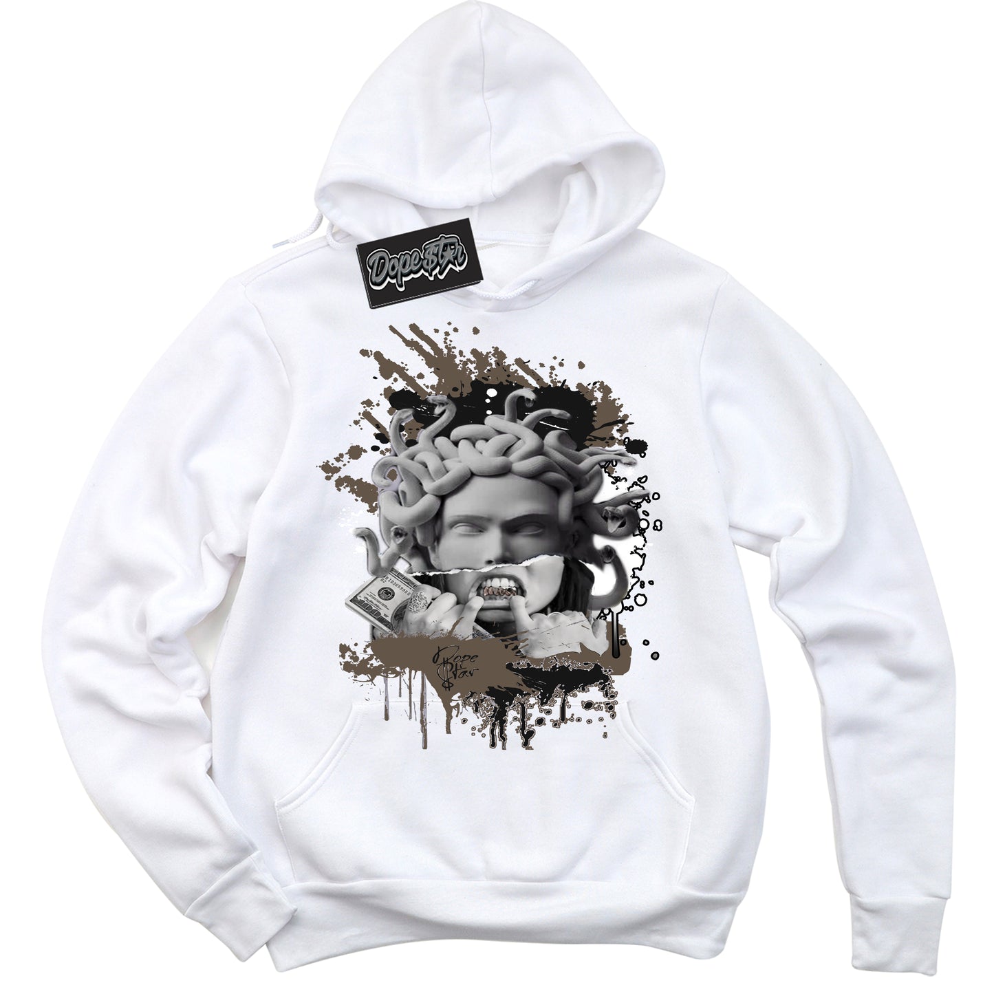 Cool White Hoodie with “Medusa” design that Perfectly Matches Mocha Palomino 1s Jordans.