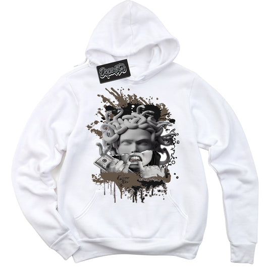 Cool White Hoodie with “Medusa” design that Perfectly Matches Mocha Palomino 1s Jordans.