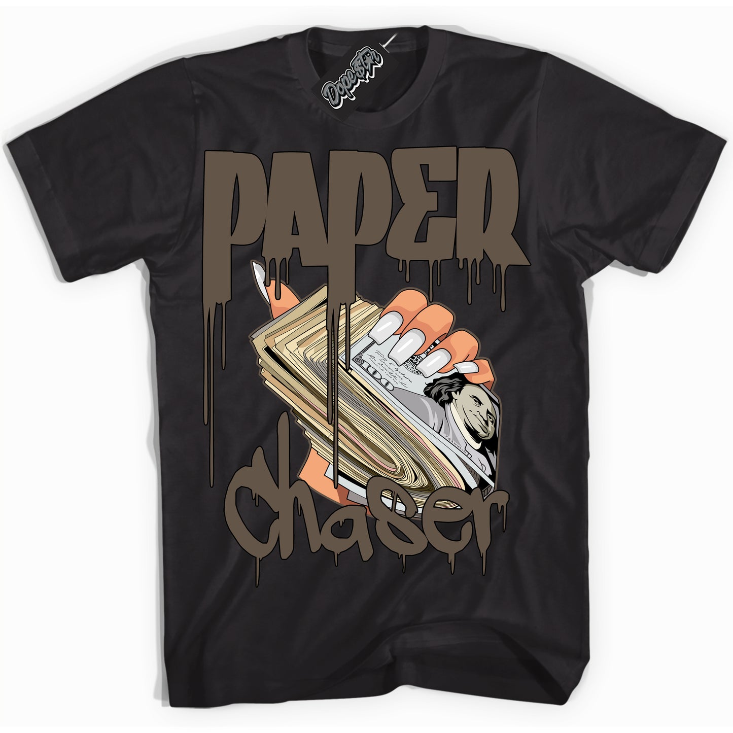 Cool Black Shirt with “Paper Chaser” design that perfectly matches the Mocha Palomino 1s Jordans.