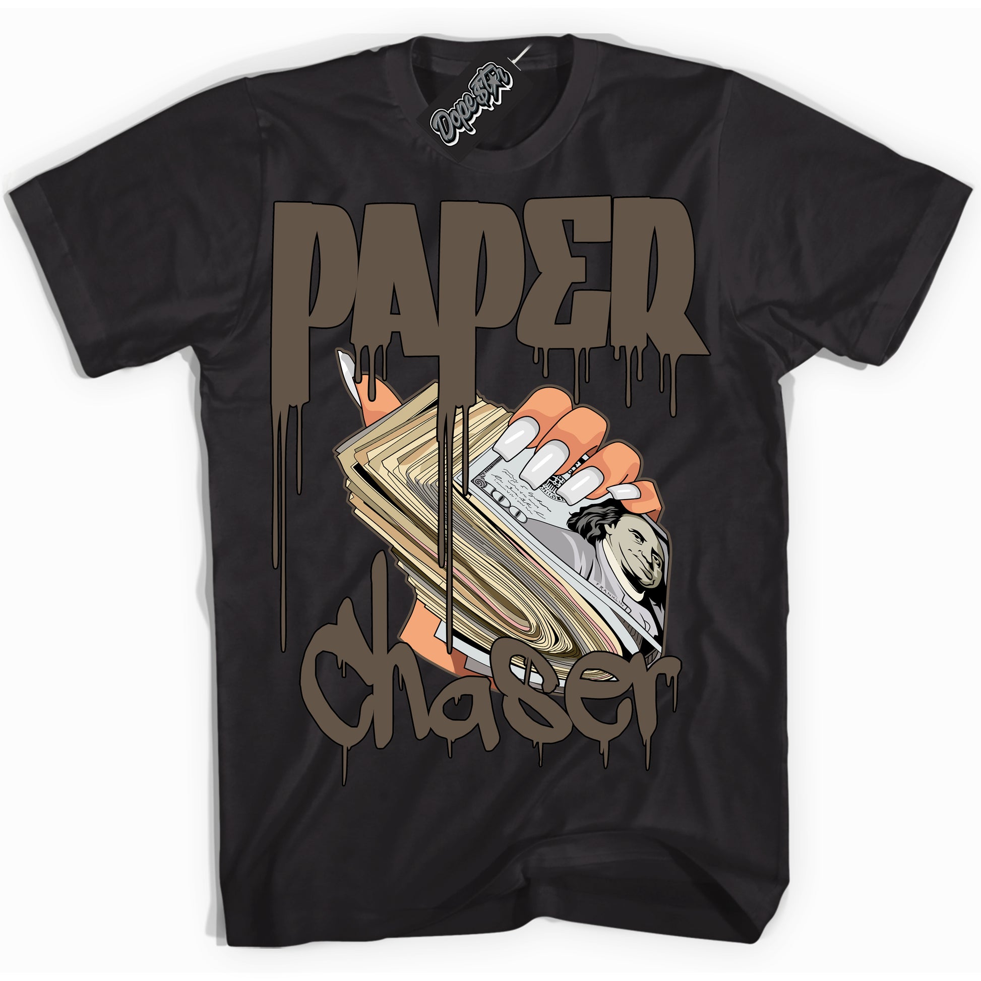 Cool Black Shirt with “Paper Chaser” design that perfectly matches the Mocha Palomino 1s Jordans.