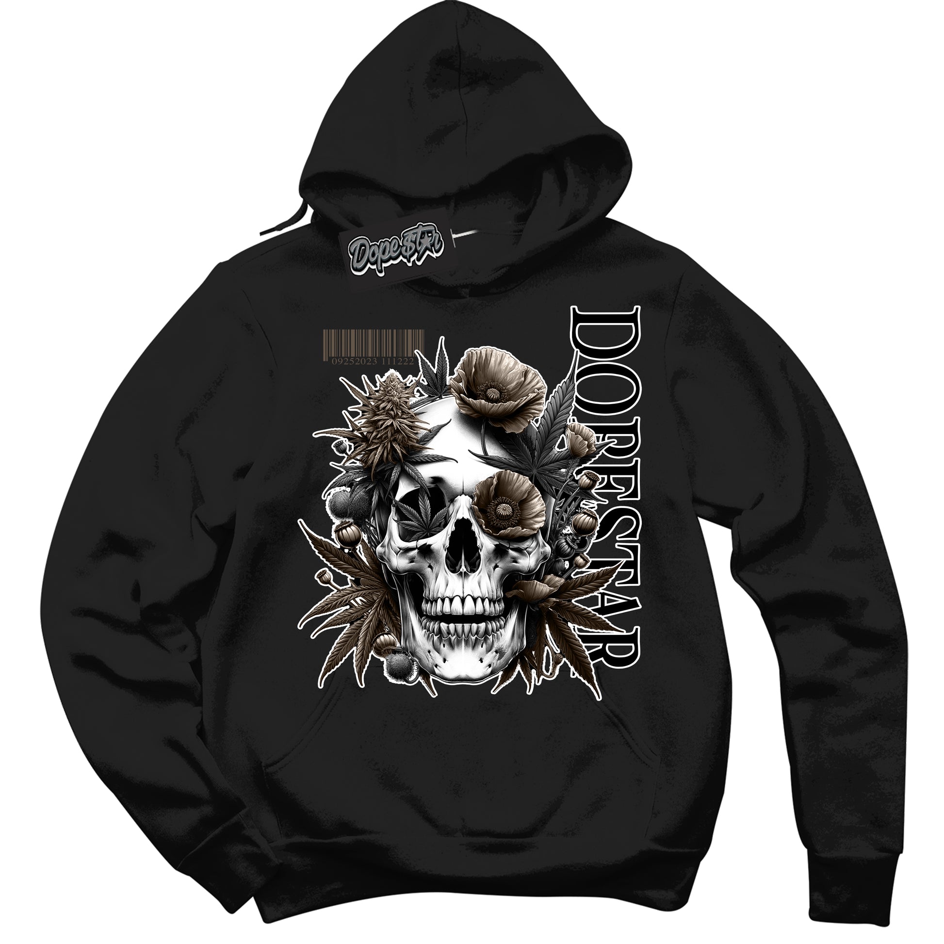 Cool Black Hoodie with “Skull Poppies” design that Perfectly Matches Mocha Palomino 1s Jordans.