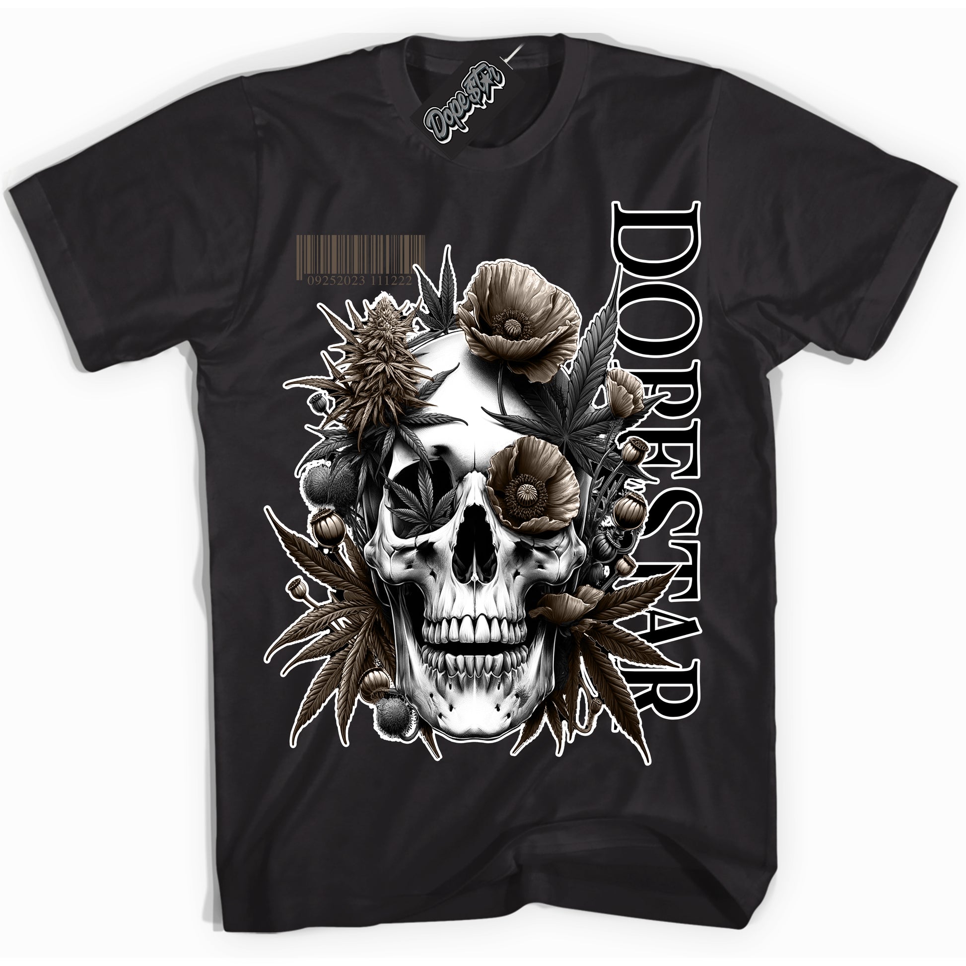 Cool Black Shirt with “Skull Poppies” design that perfectly matches the Mocha Palomino 1s Jordans.