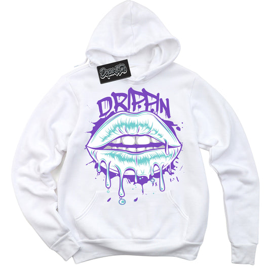 Cool White Hoodie with “Drippin” design that Perfectly Matches Psychic Purple Hyper Jade 1s Jordans.