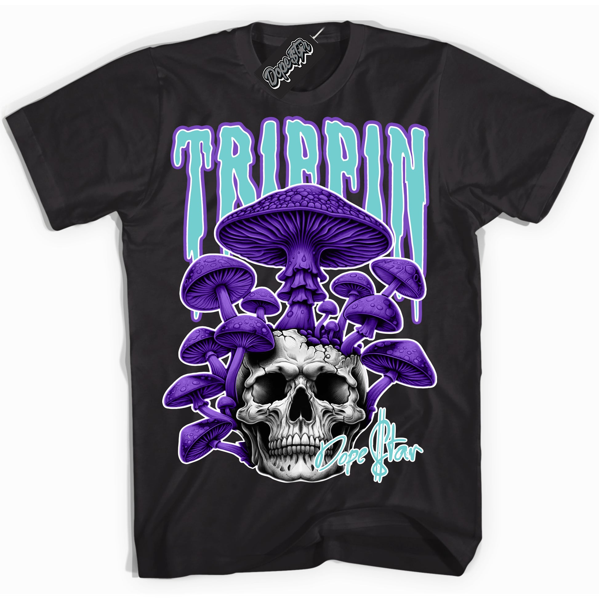 Cool Black Shirt with “Trippin” design that perfectly matches the Psychic Purple Hyper Jade 1s Jordans.