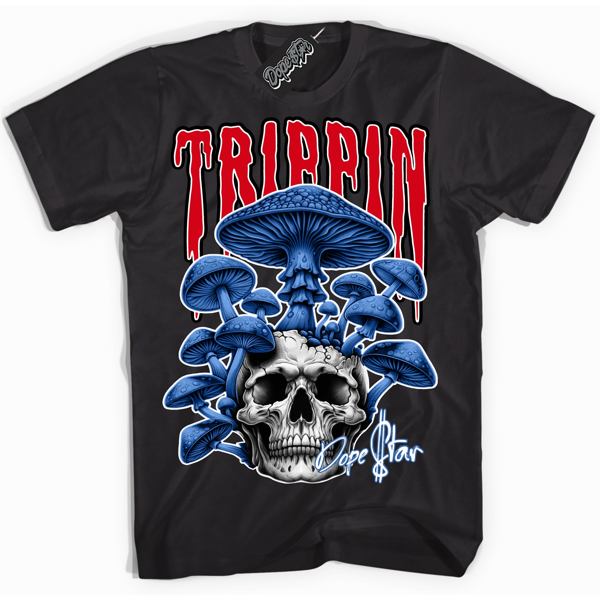 Cool Black Shirt with “Trippin” design that perfectly matches Industrial Blue Sashiko 1s.