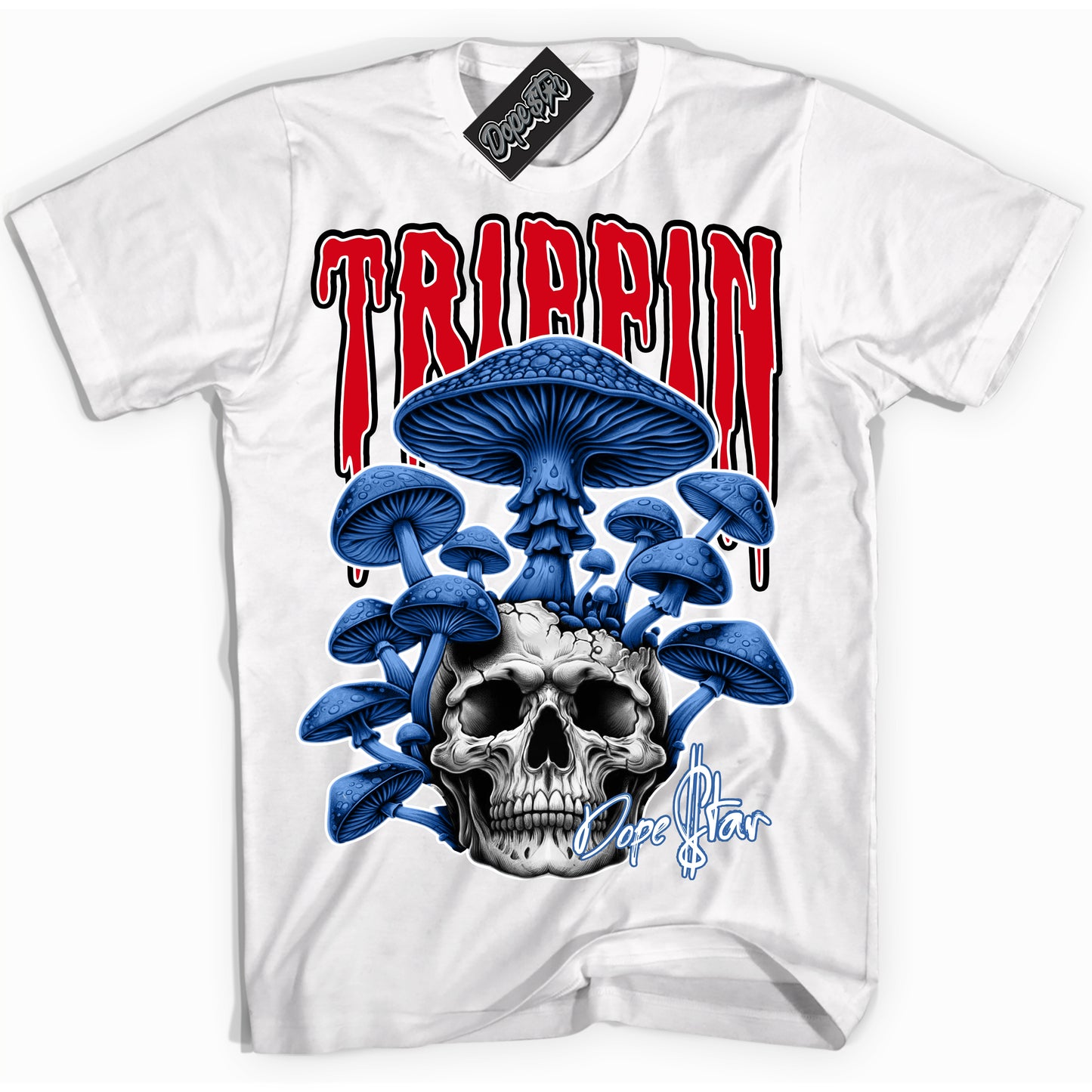 Cool White Shirt with “Trippin” design that perfectly matches Industrial Blue Sashiko 1s.