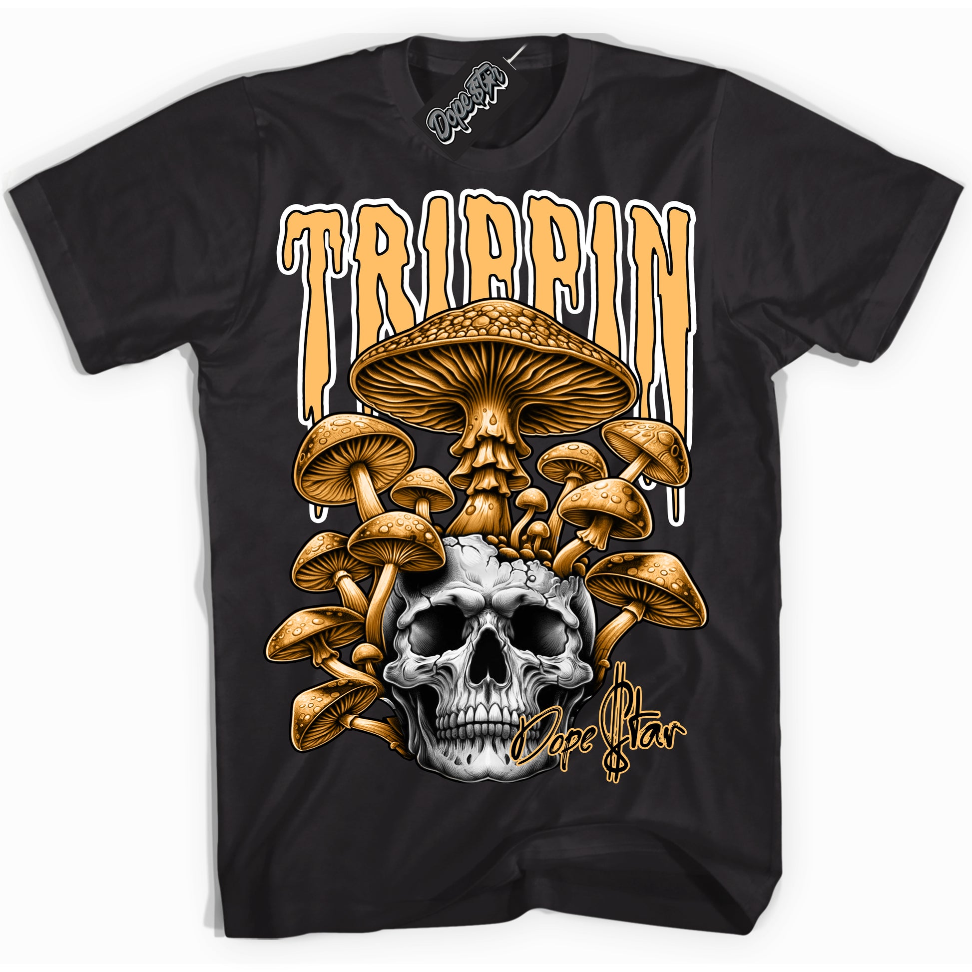 Cool Black Shirt with “Trippin” design that perfectly matches Yellow Ochre 1s.
