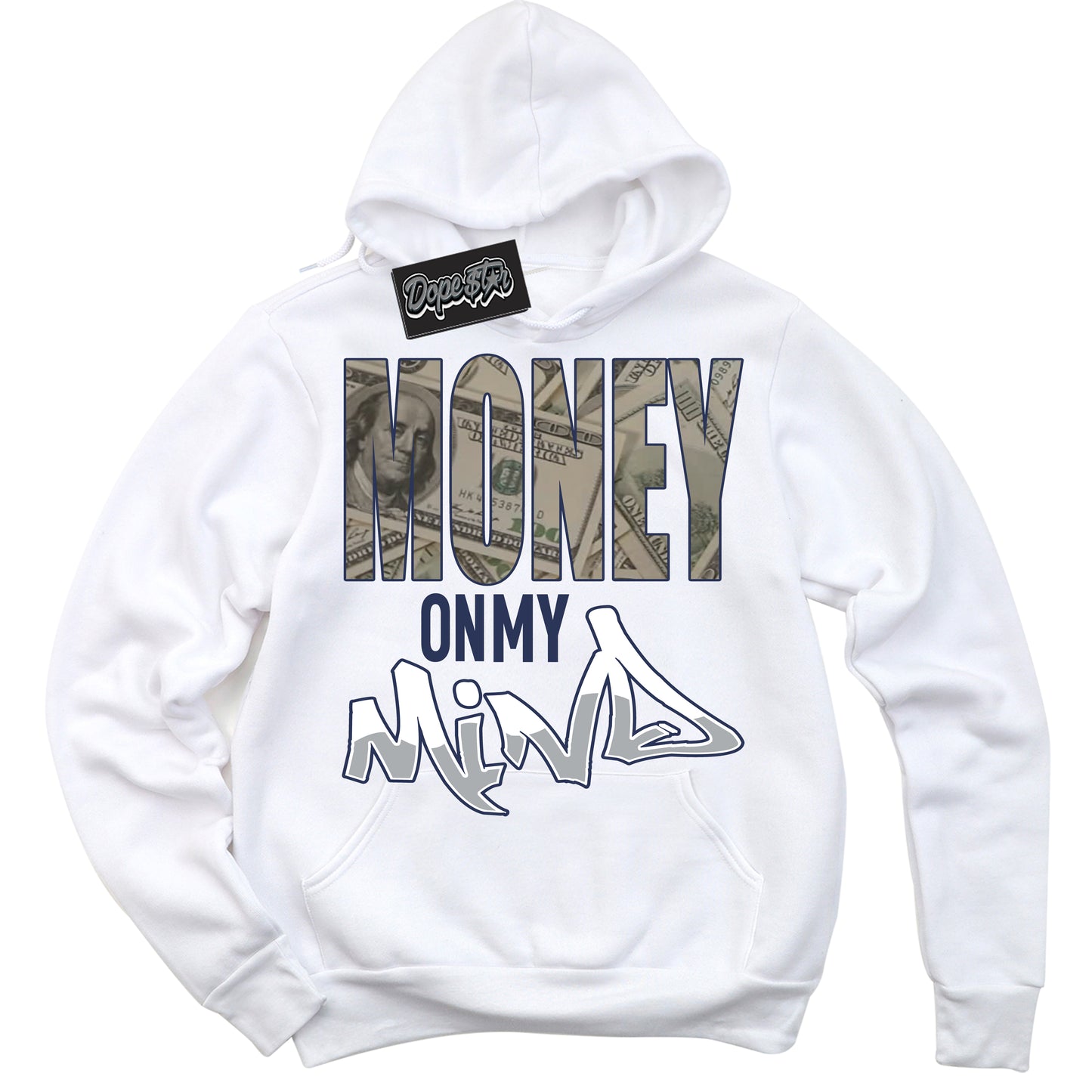 Cool White Hoodie with “Money On My Mind” design that Perfectly Matches Wolf Grey Midnight Navy 1s Jordans.