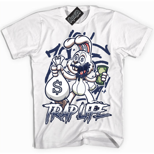Cool White Shirt with “Trap Rabbit” design that perfectly matches the Wolf Grey Midnight Navy 1s Jordans.
