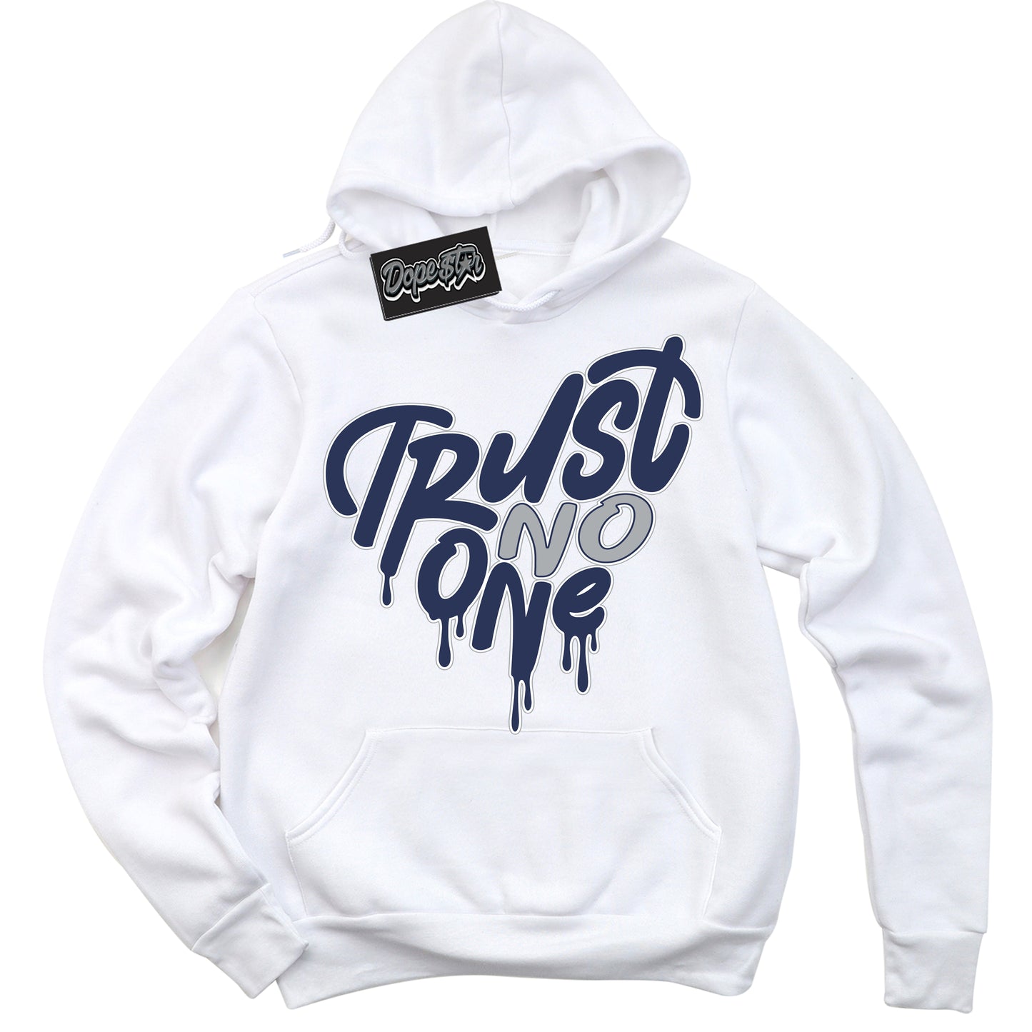 Cool White Hoodie with “Trust No One Heart” design that Perfectly Matches Wolf Grey Midnight Navy 1s Jordans.
