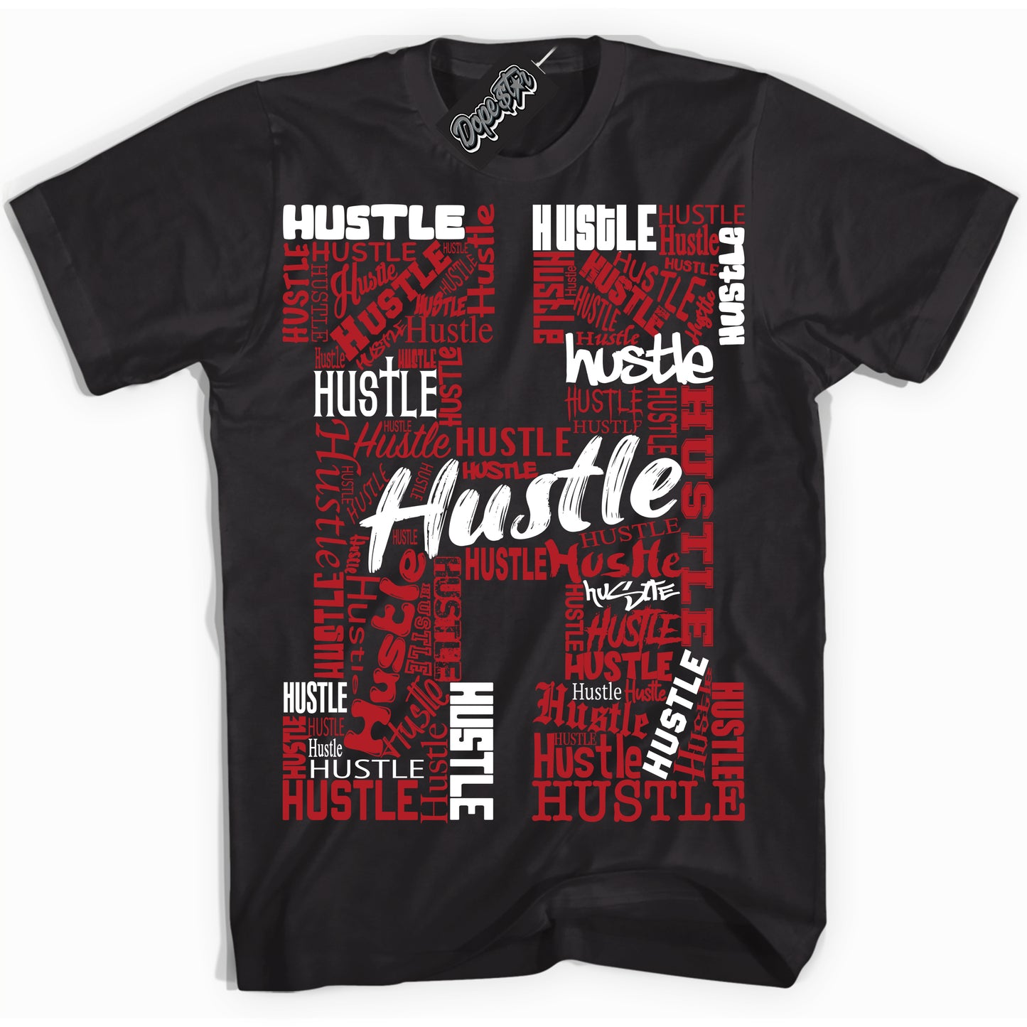 Cool Black Shirt with “Hustle H” design that perfectly matches the Black Toe Reimagined 1s Jordans.
