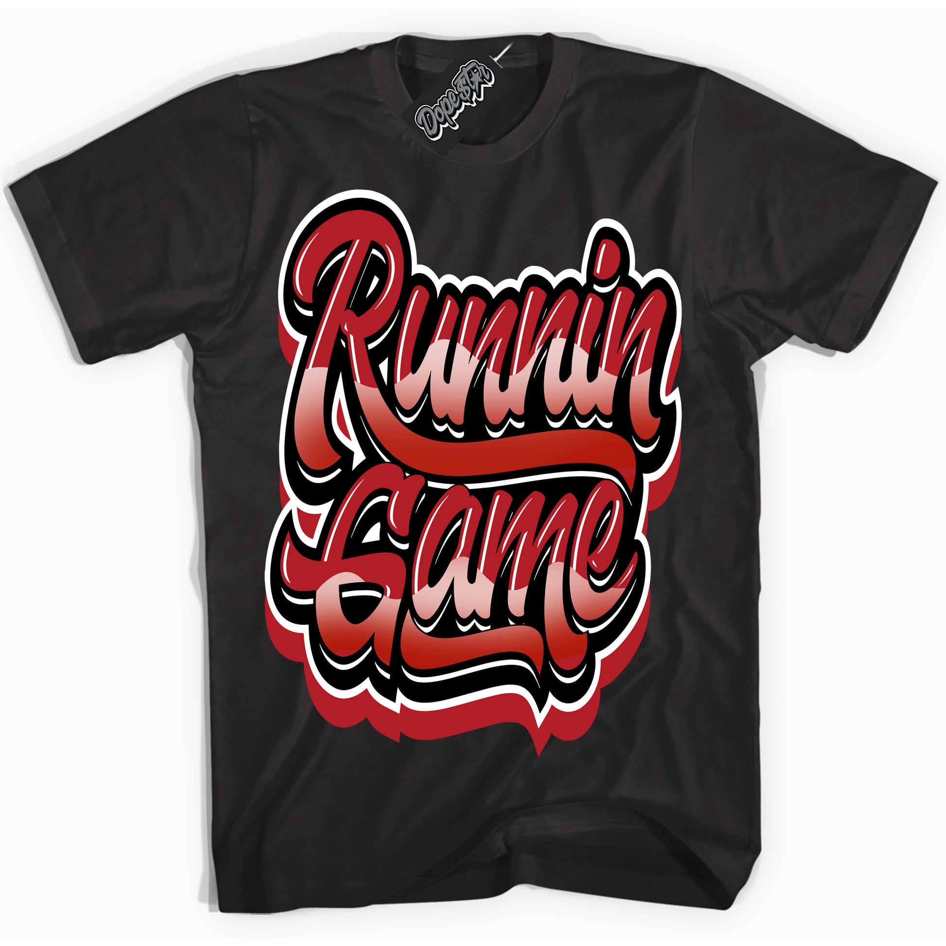 Cool Black Shirt with “Running Game” design that perfectly matches the Black Toe Reimagined 1s Jordans.