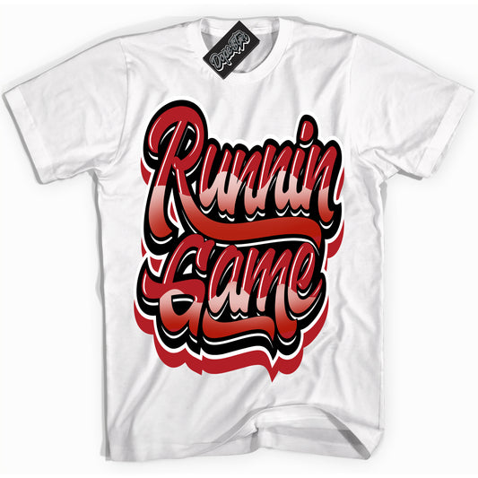 Cool White Shirt with “Running Game” design that perfectly matches the Black Toe Reimagined 1s Jordans.
