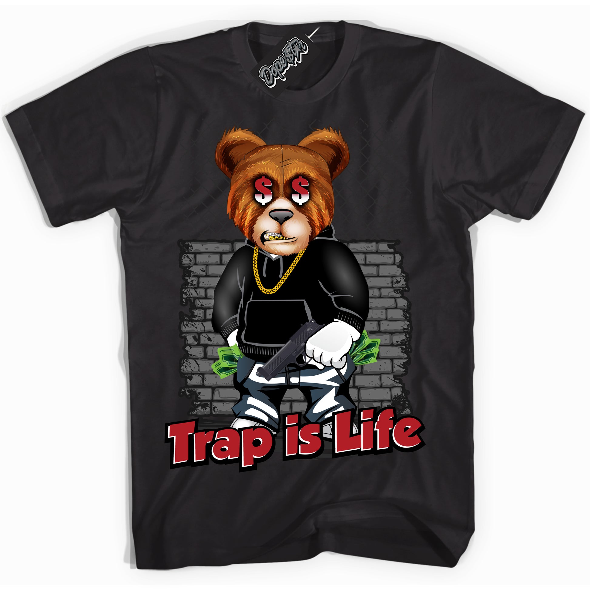 Cool Black Shirt with “Trap Is Life” design that perfectly matches the Black Toe Reimagined 1s Jordans.