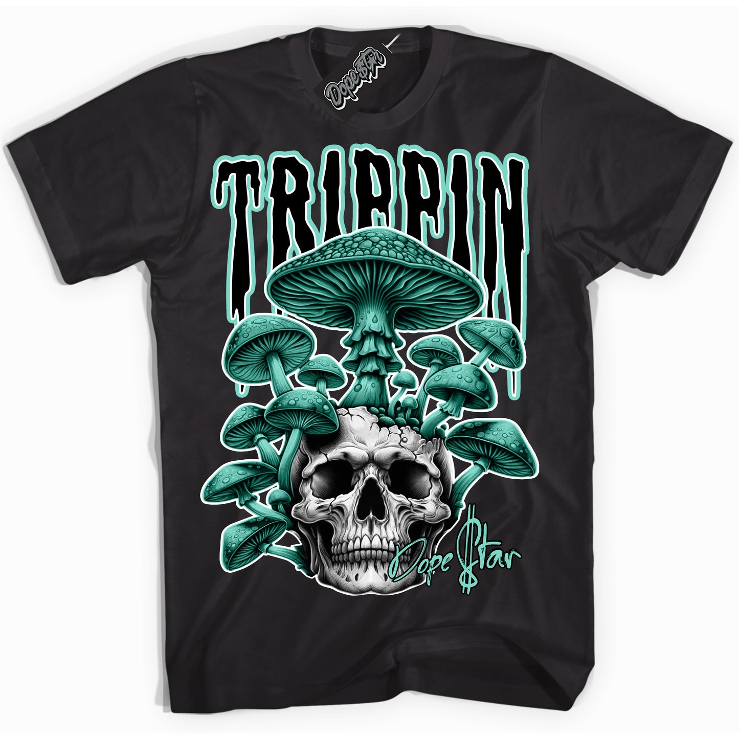 Cool Black Shirt with “Trippin” design that perfectly matches Green Glow 1s.