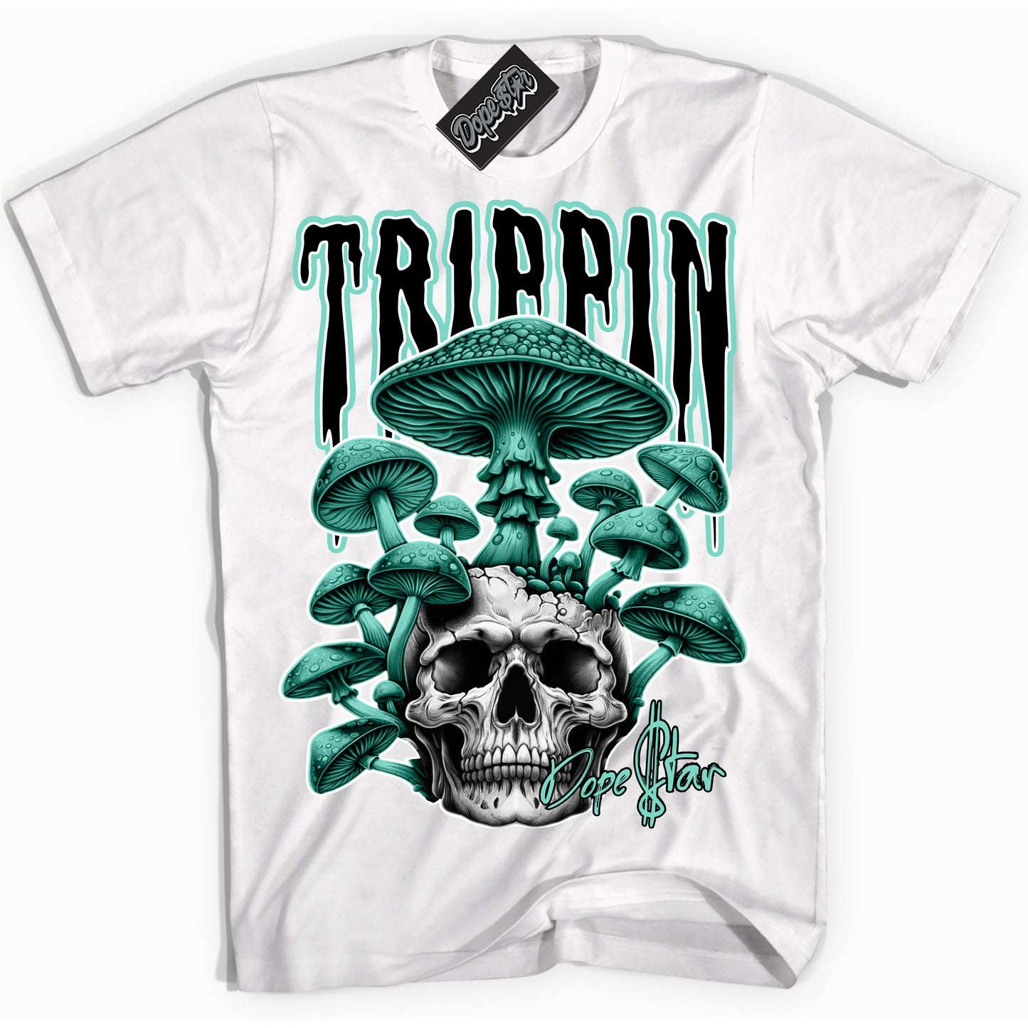 Cool White Shirt with “Trippin” design that perfectly matches Green Glow 1s.