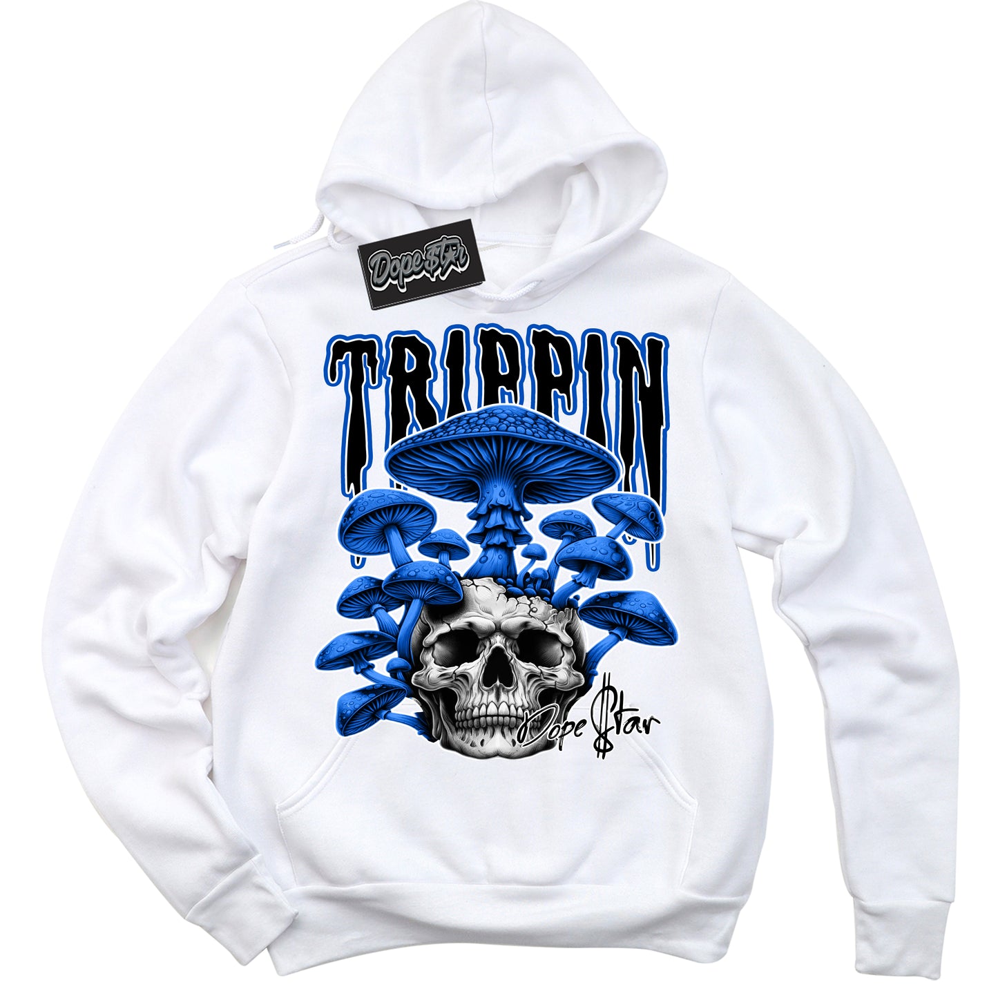 Cool White Hoodie with “Trippin” design that Perfectly Matches Royal Reimagined 1s Sneakers.