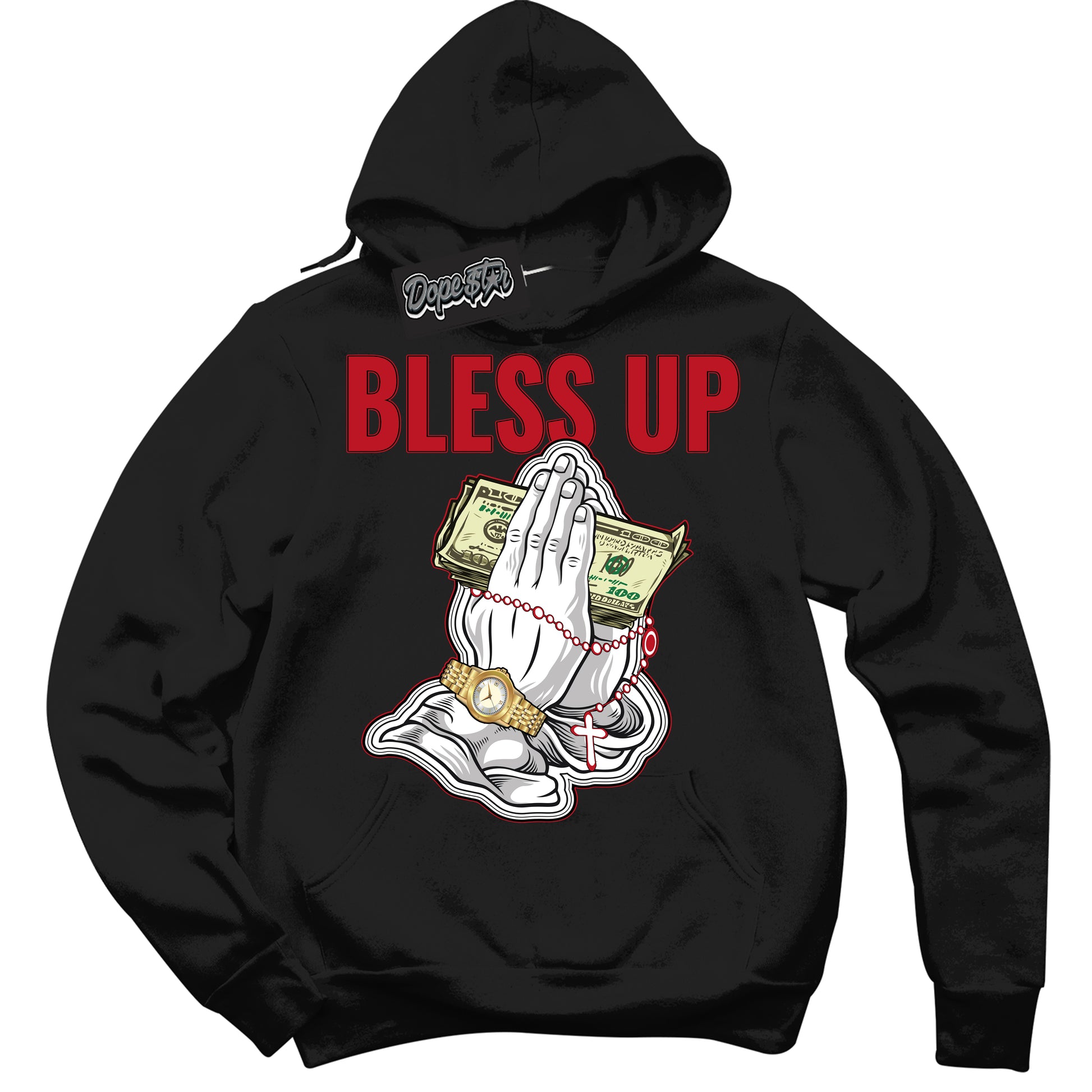 Cool Black Hoodie with “Bless Up” design that Perfectly Matches Trophy Room 1s Jordans.