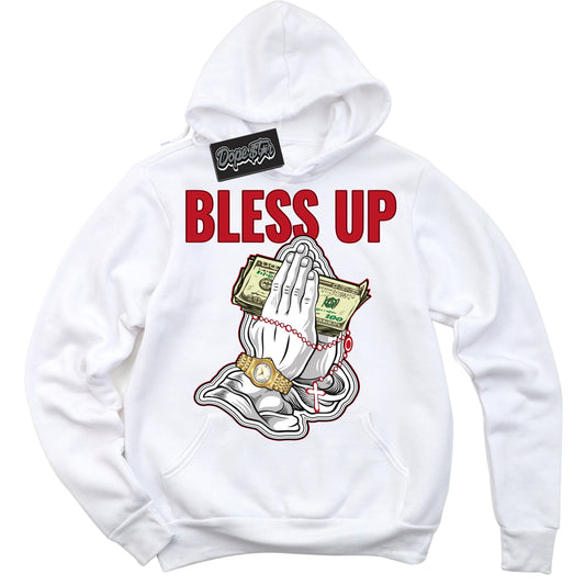 Cool White Hoodie with “Bless Up” design that Perfectly Matches Trophy Room 1s Jordans.