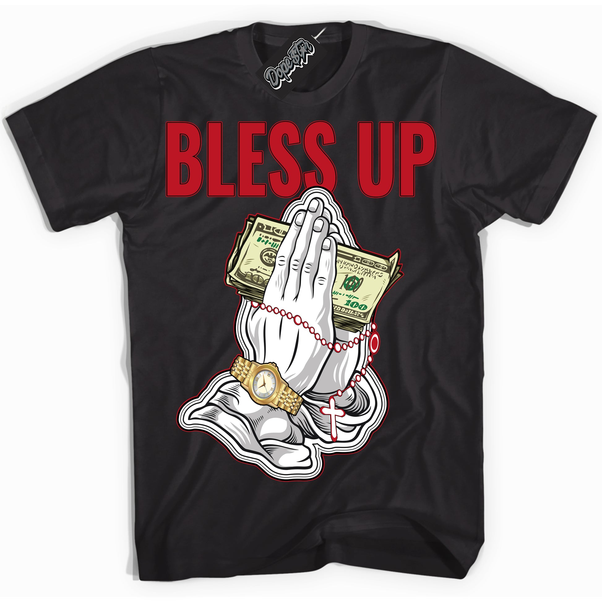 Cool Black Shirt with “Bless Up” design that perfectly matches the Trophy Room 1s Jordans.