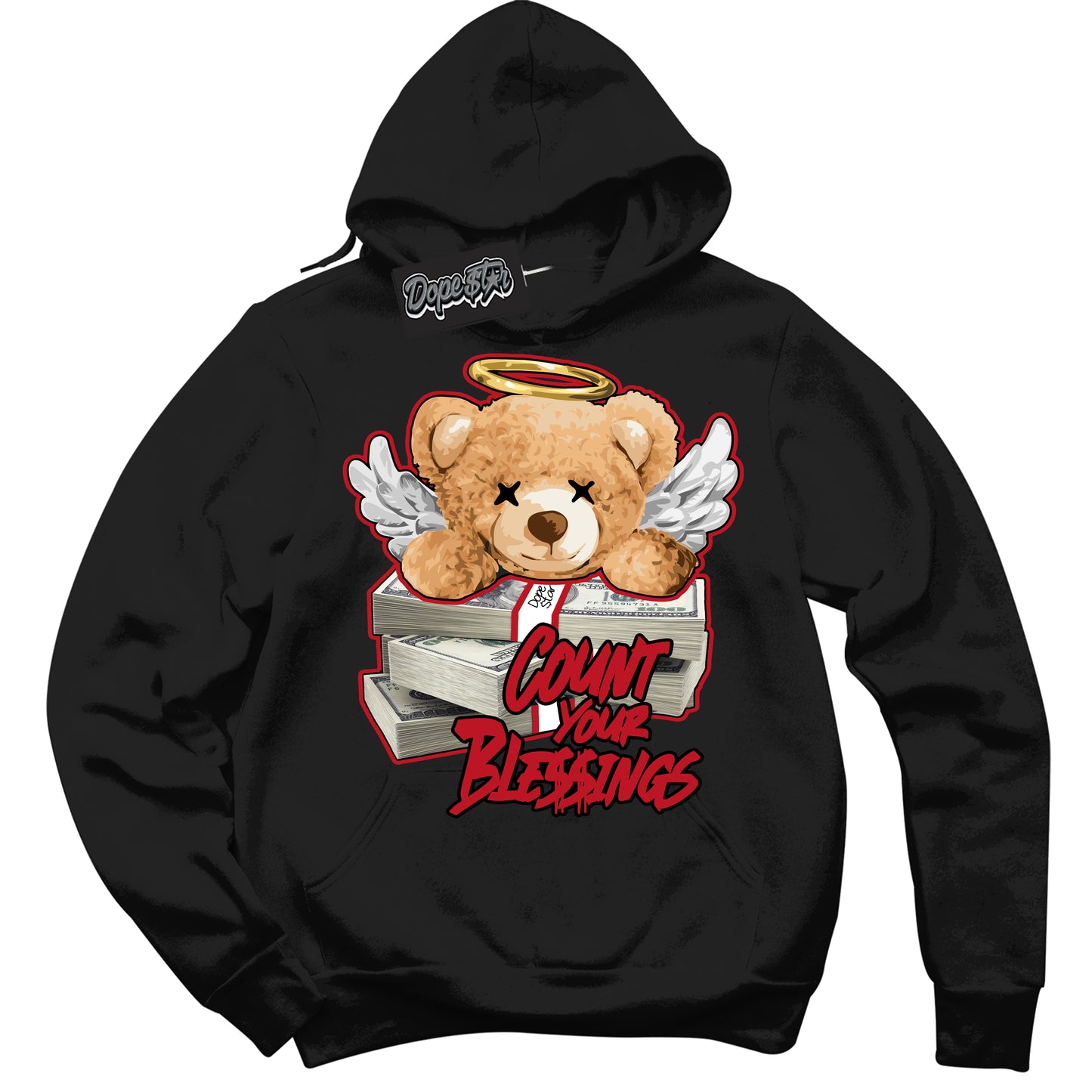 Cool Black Hoodie with “Count Your Blessings” design that Perfectly Matches Trophy Room 1s Jordans.