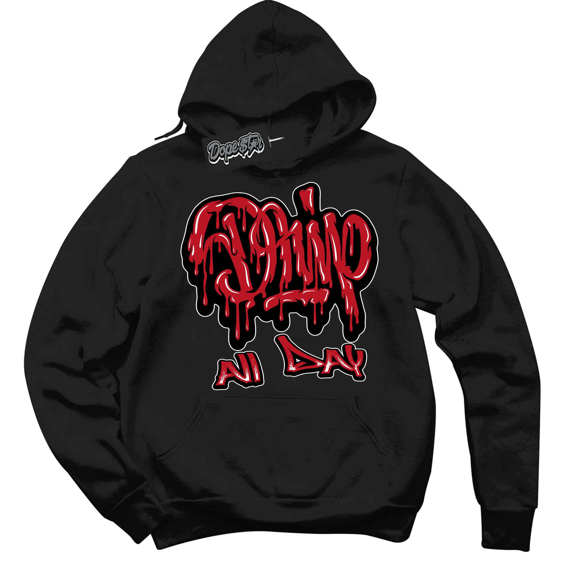 Cool Black Hoodie with “Drip All Day” design that Perfectly Matches Trophy Room 1s Jordans.