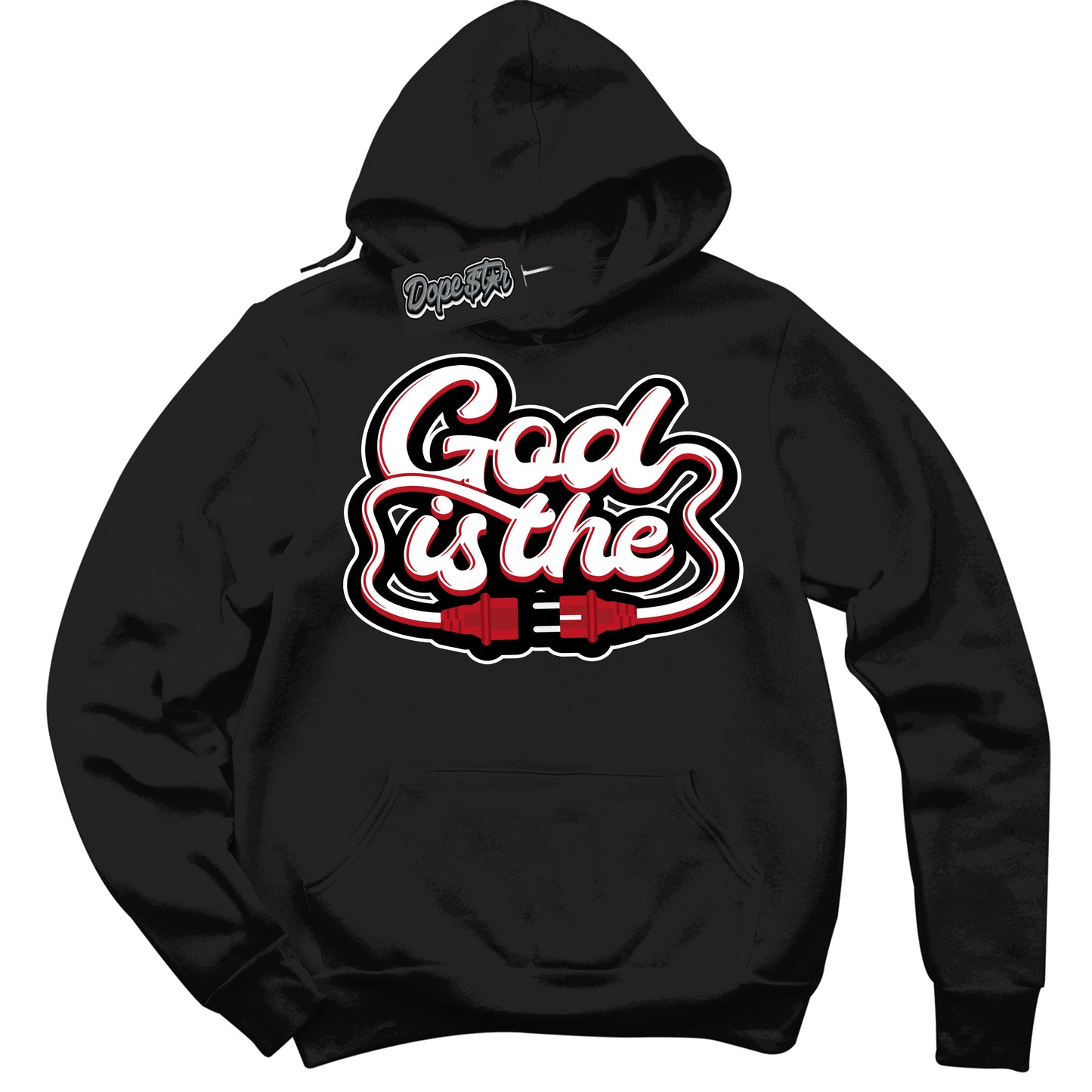Cool Black Hoodie with “God Is The” design that Perfectly Matches Trophy Room 1s Jordans.