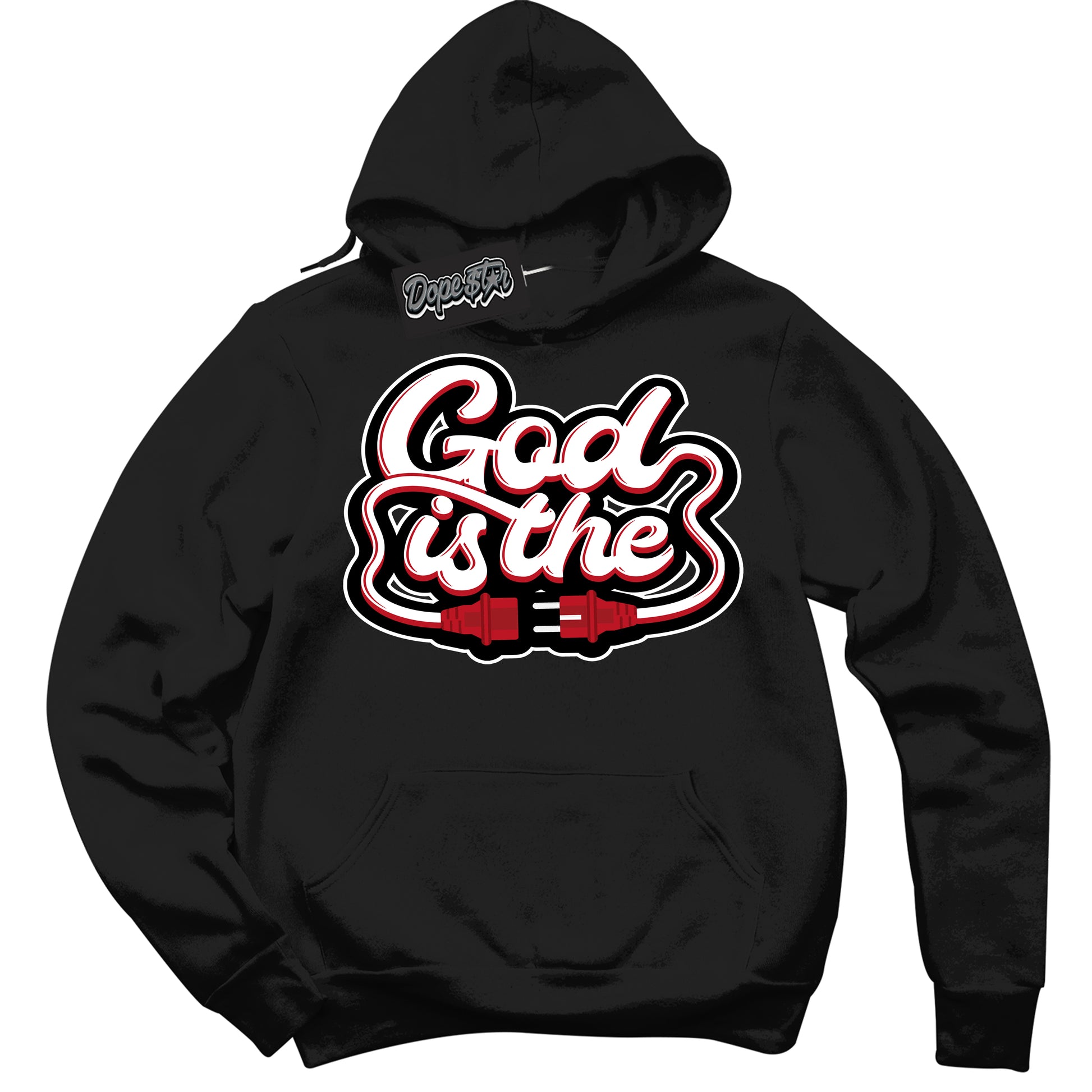 Cool Black Hoodie with “God Is The” design that Perfectly Matches Trophy Room 1s Jordans.