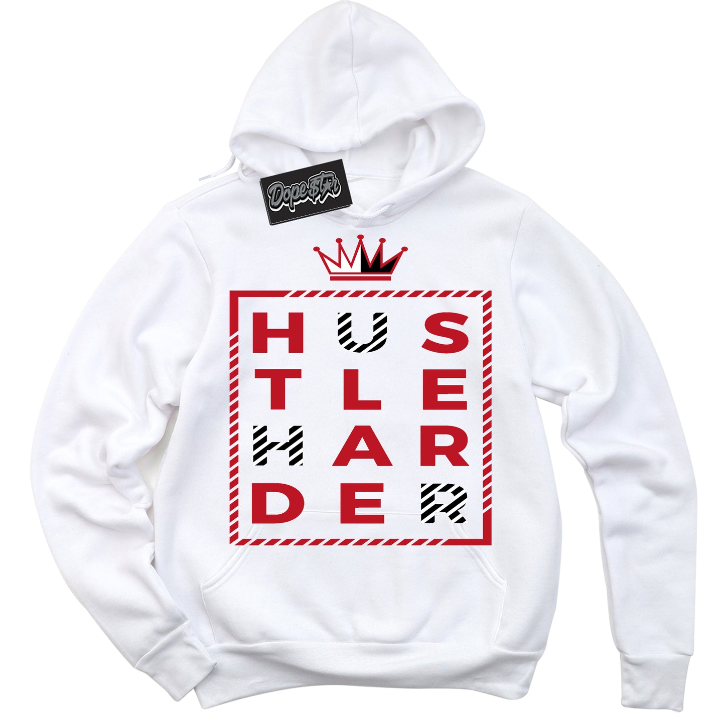Cool White Hoodie with “Hustle Harder” design that Perfectly Matches Trophy Room 1s Jordans.