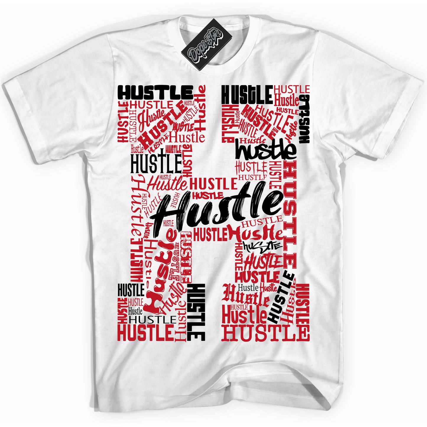 Cool White Shirt with “Hustle H” design that perfectly matches the Trophy Room 1s Jordans.