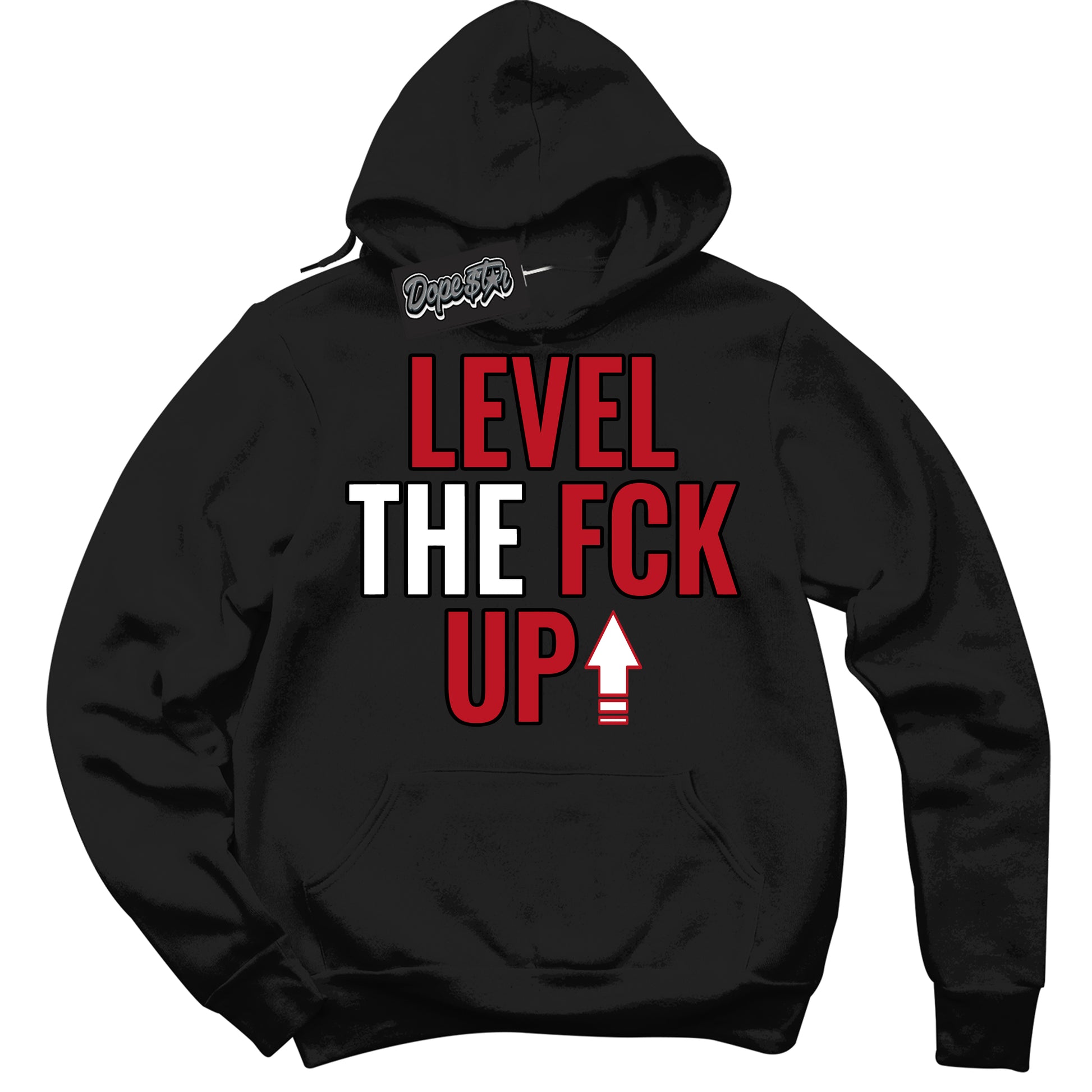 Cool Black Hoodie with “Level The Fck Up” design that Perfectly Matches Trophy Room 1s Jordans.