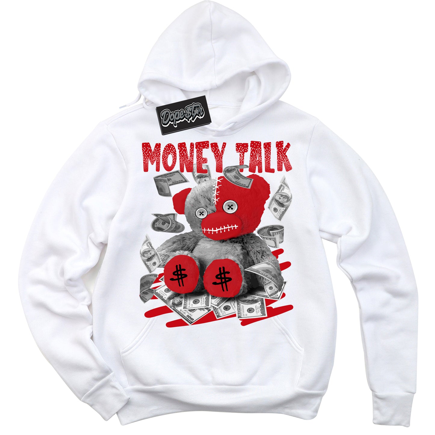Cool White Hoodie with “Money Talk Bear” design that Perfectly Matches Trophy Room 1s Jordans.