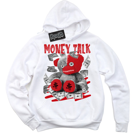 Cool White Hoodie with “Money Talk Bear” design that Perfectly Matches Trophy Room 1s Jordans.