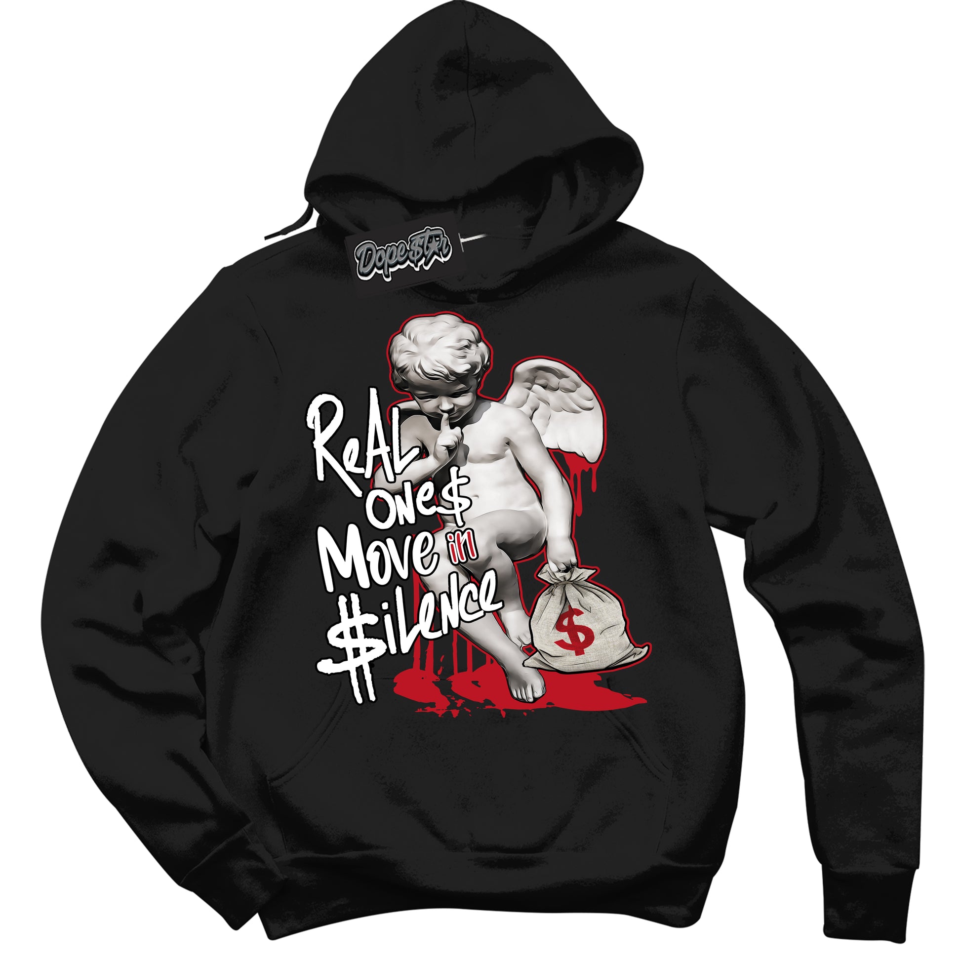 Cool Black Hoodie with “Real Ones Cherub” design that Perfectly Matches Trophy Room 1s Jordans.