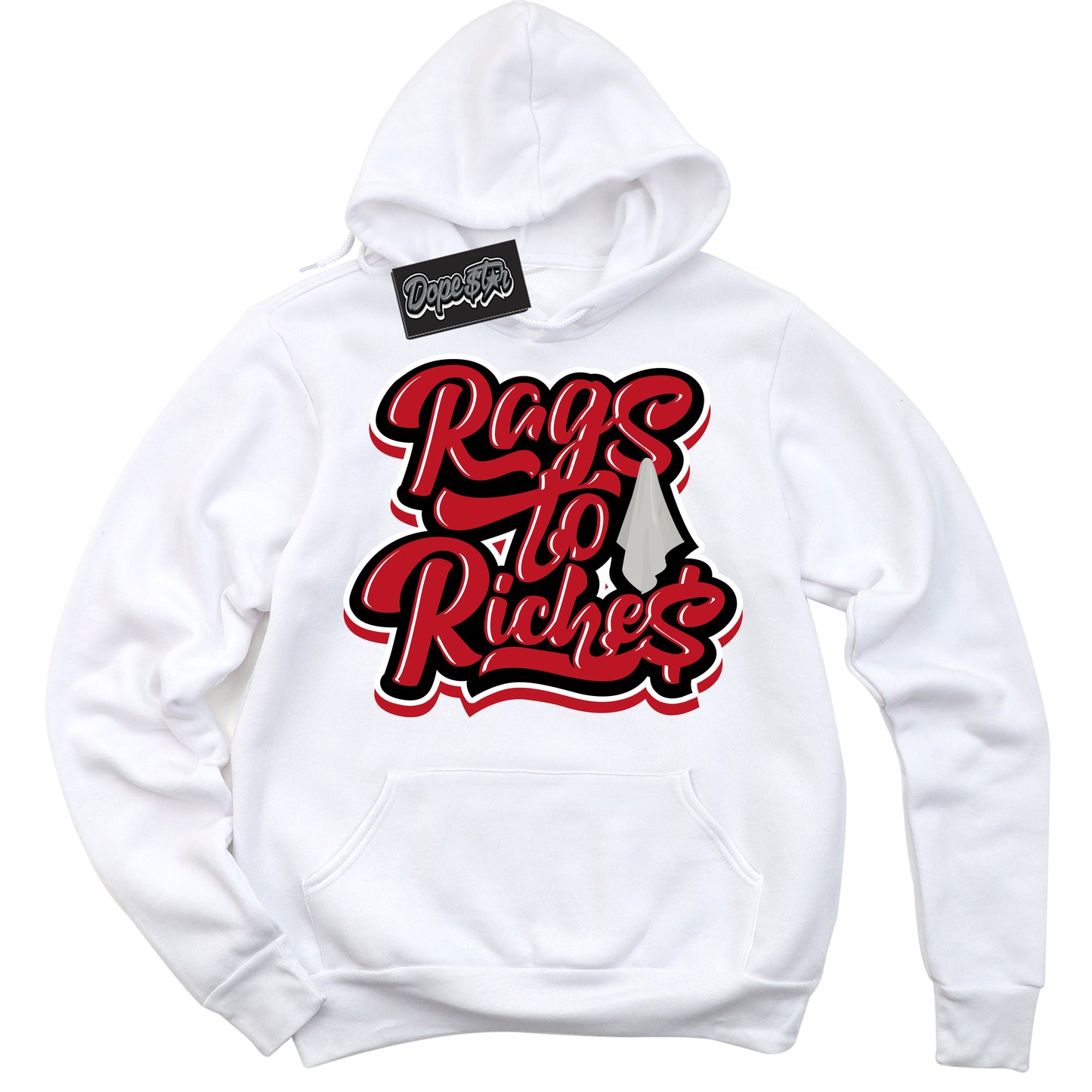Cool White Hoodie with “Rags To Riches” design that Perfectly Matches Trophy Room 1s Jordans.