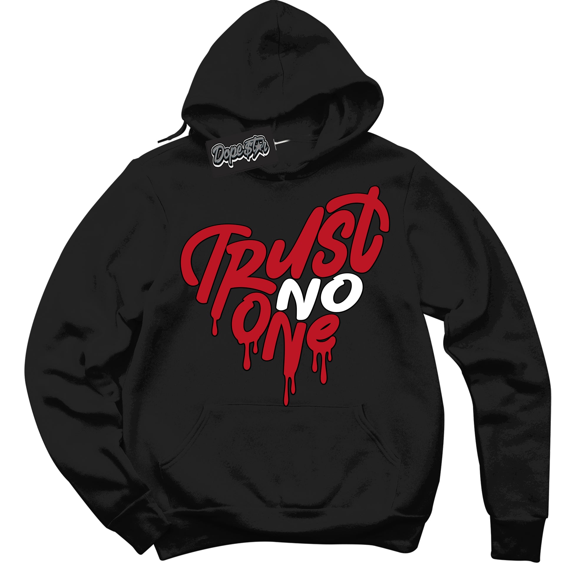 Cool Black Hoodie with “Trust No One Heart” design that Perfectly Matches Trophy Room 1s Jordans.