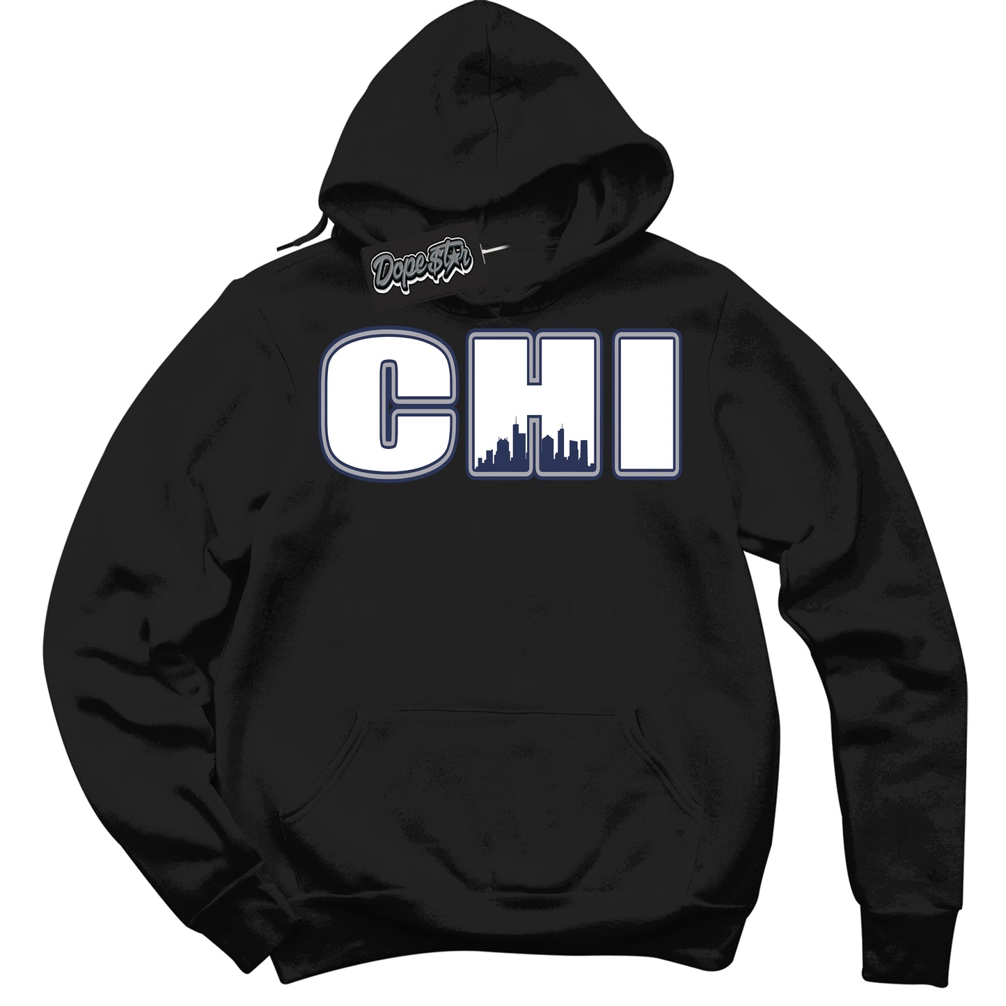 Cool Black Hoodie with “Chicago” design that Perfectly Matches Midnight Navy 3s Jordans.
