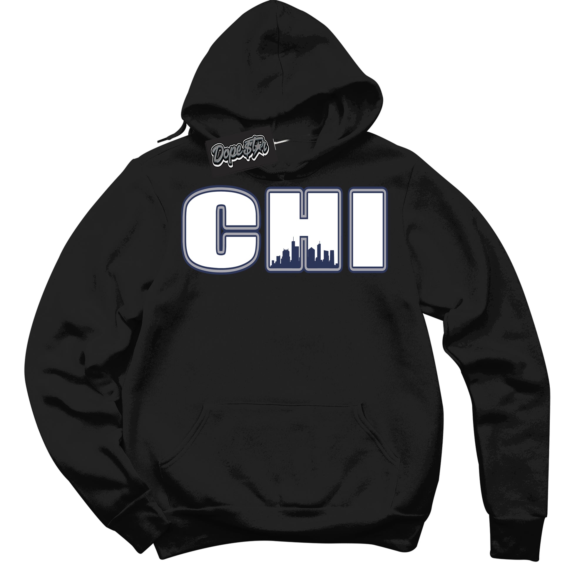 Cool Black Hoodie with “Chicago” design that Perfectly Matches Midnight Navy 3s Jordans.

