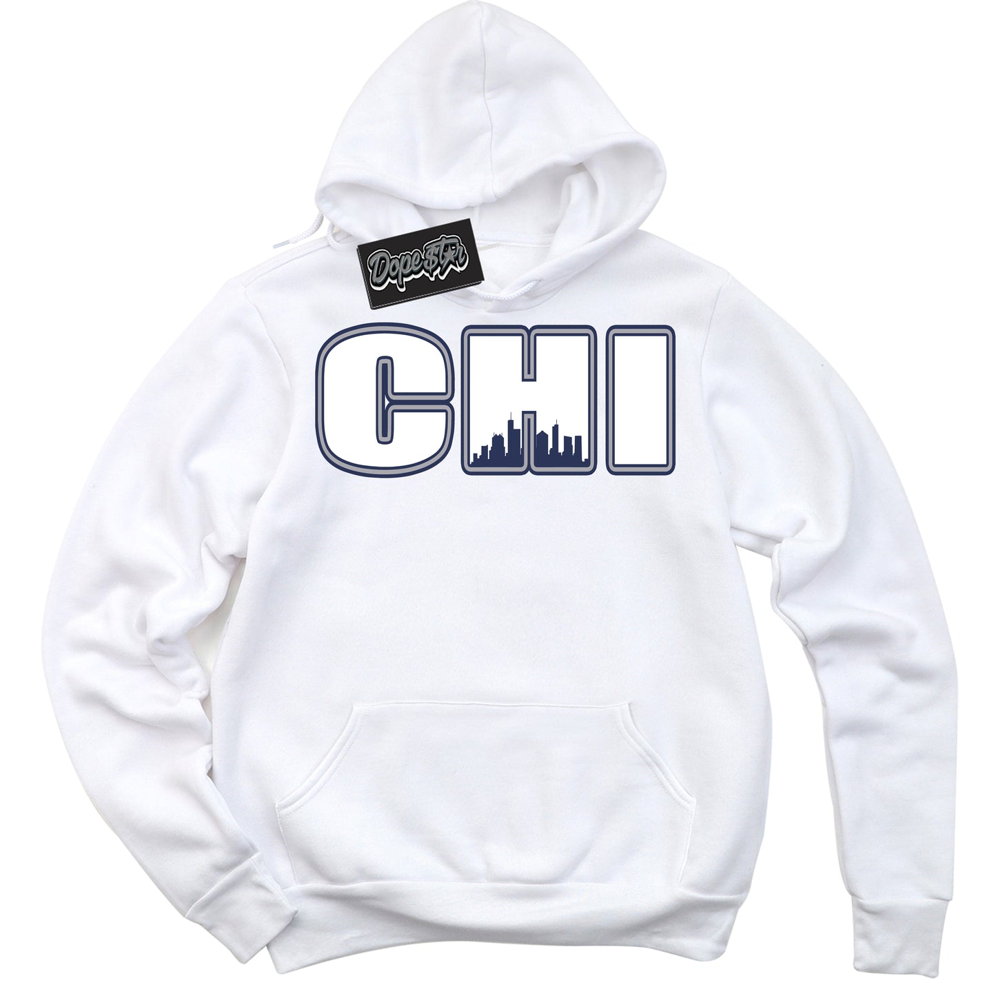 Cool White Hoodie with “Chicago” design that Perfectly Matches Midnight Navy 3s Jordans.
