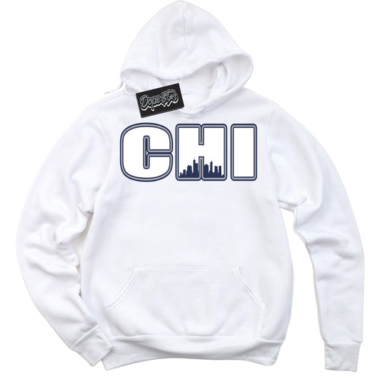 Cool White Hoodie with “Chicago” design that Perfectly Matches Midnight Navy 3s Jordans.
