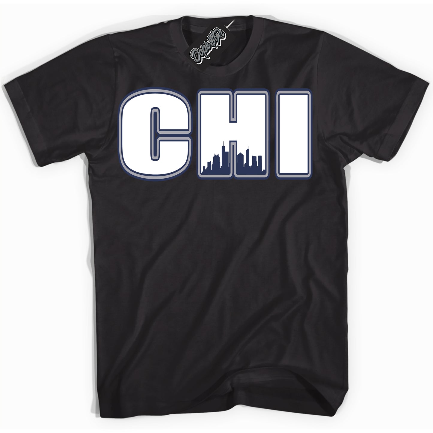 Cool Black Shirt with “Chicago” design that perfectly matches the Midnight Navy 3s Jordans.
