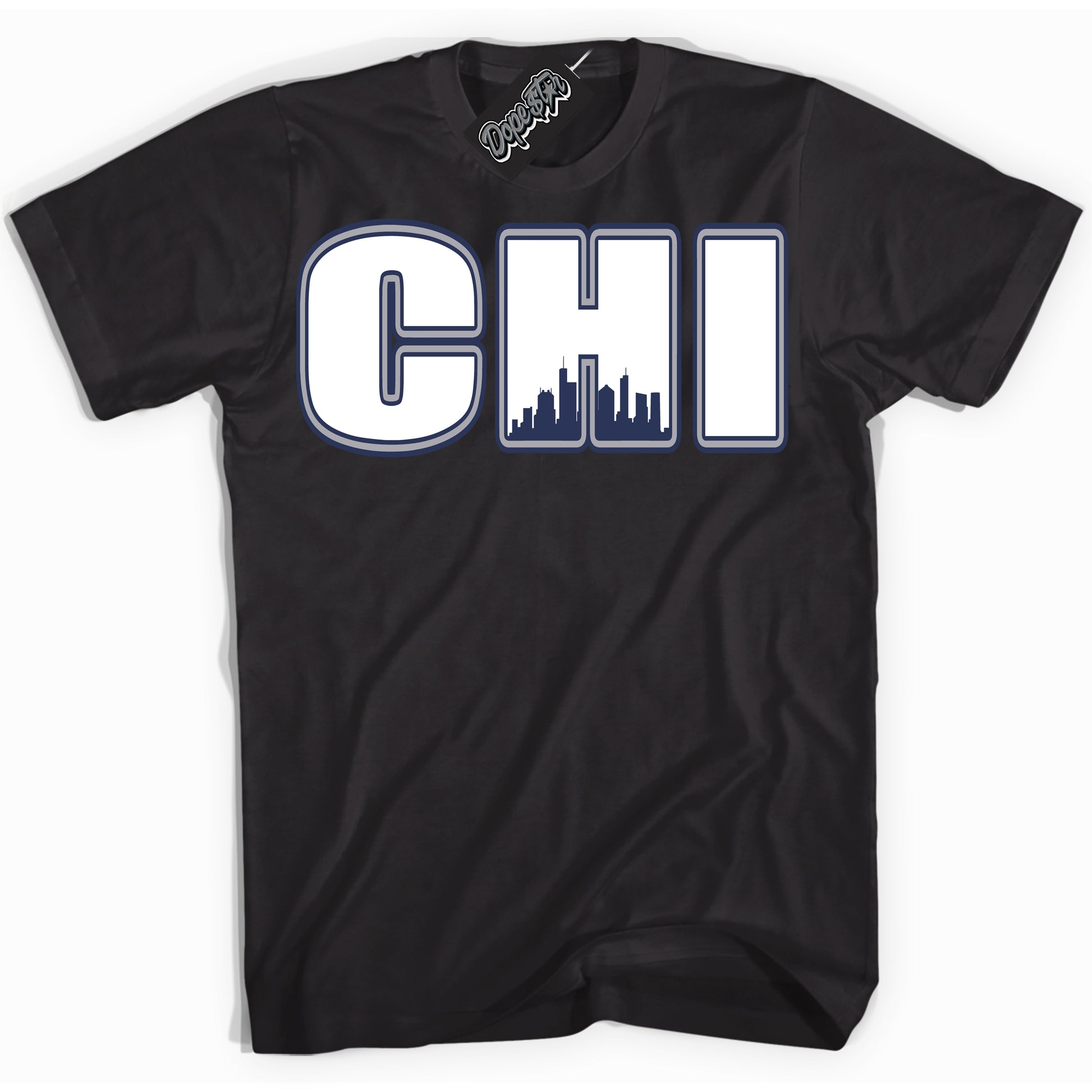 Cool Black Shirt with “Chicago” design that perfectly matches the Midnight Navy 3s Jordans.
