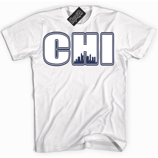 Cool White Shirt with “Chicago” design that perfectly matches the Midnight Navy 3s Jordans.
