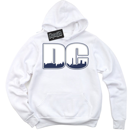 Cool White Hoodie with “DC” design that Perfectly Matches Midnight Navy 3s Jordans.
