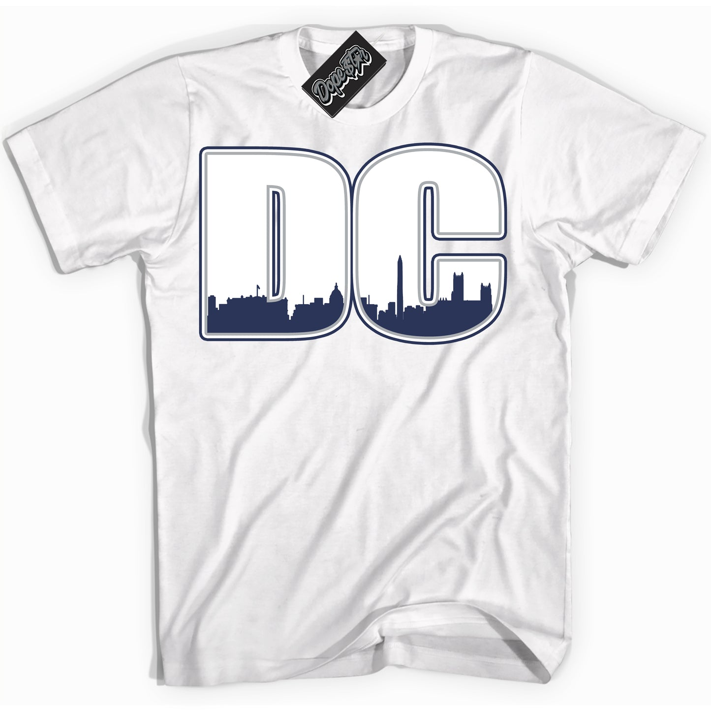 Cool White Shirt with “DC” design that perfectly matches the Midnight Navy 3s Jordans.
