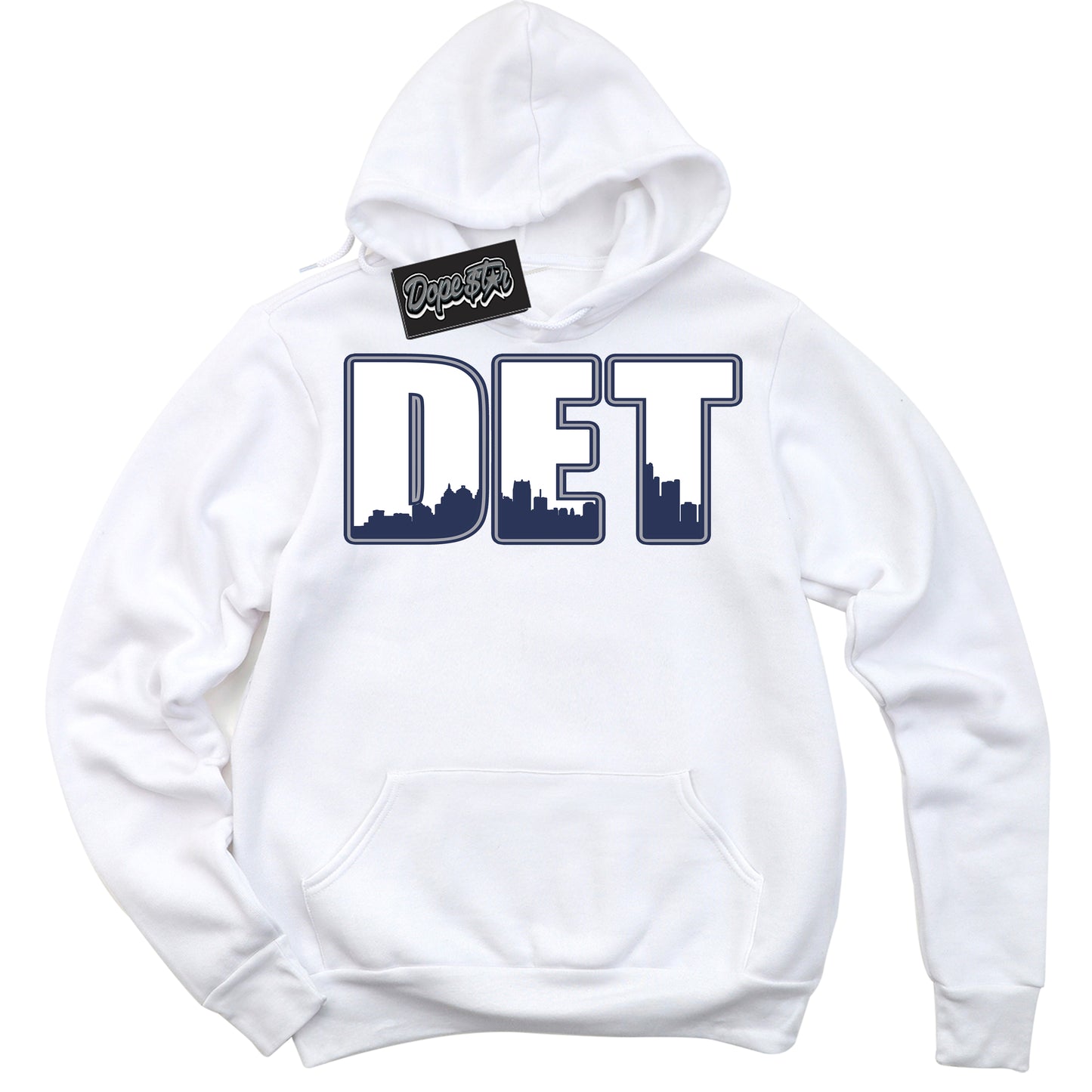 Cool White Hoodie with “Detroit” design that Perfectly Matches Midnight Navy 3s Jordans.
