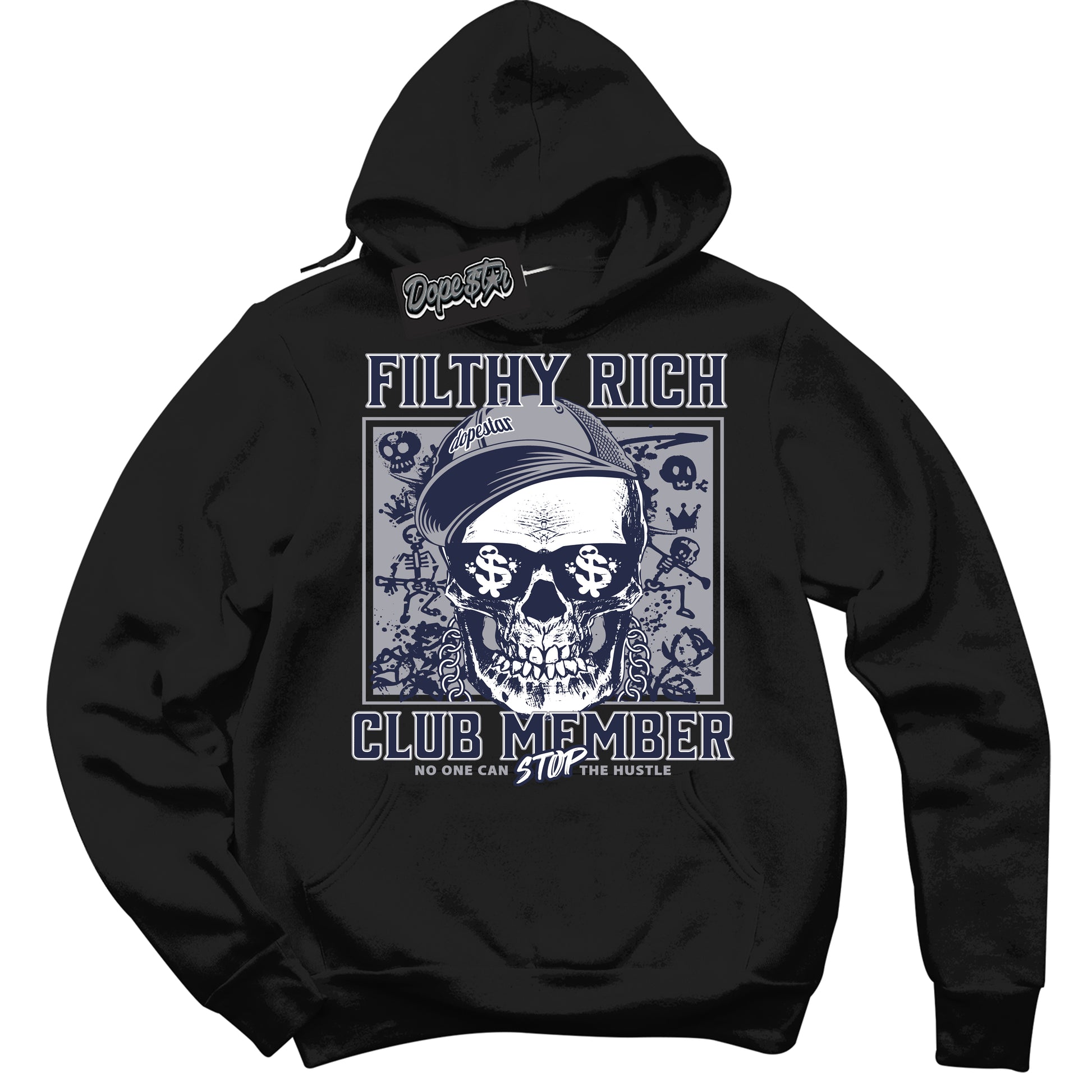 Cool Black Hoodie with “Filthy Rich” design that Perfectly Matches Midnight Navy 3s Jordans.

