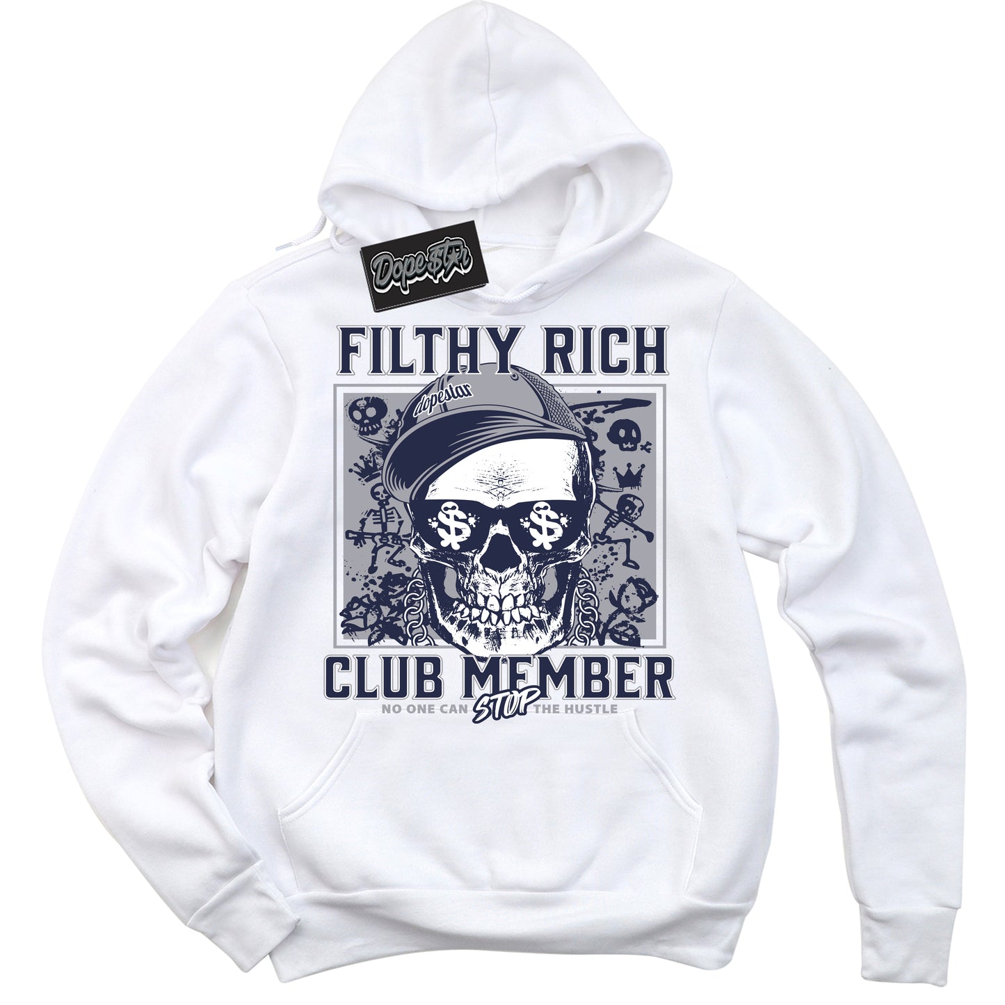 Cool White Hoodie with “Filthy Rich” design that Perfectly Matches Midnight Navy 3s Jordans.
